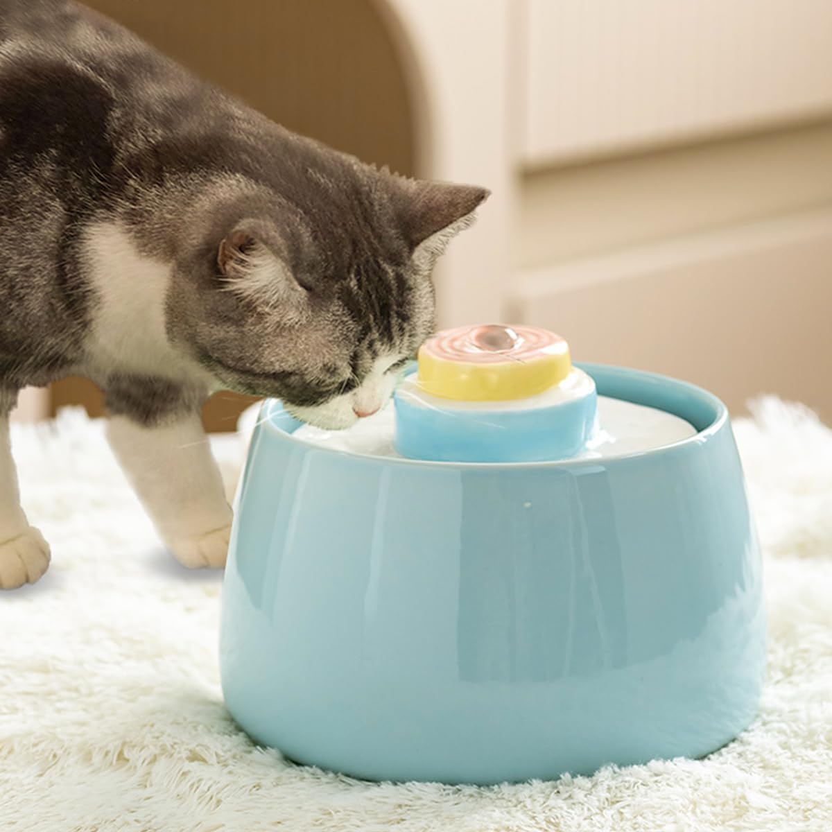 Katzen Trinkbrunnen Keramik, Trinkbrunnen für Hunde Haustier Katzenbrunne rutschfest Automatisch Wasserspender, konzeptiert für Hunde und Katzen (Blauer Kuchen geformter Wasserspender, 1500ML)
