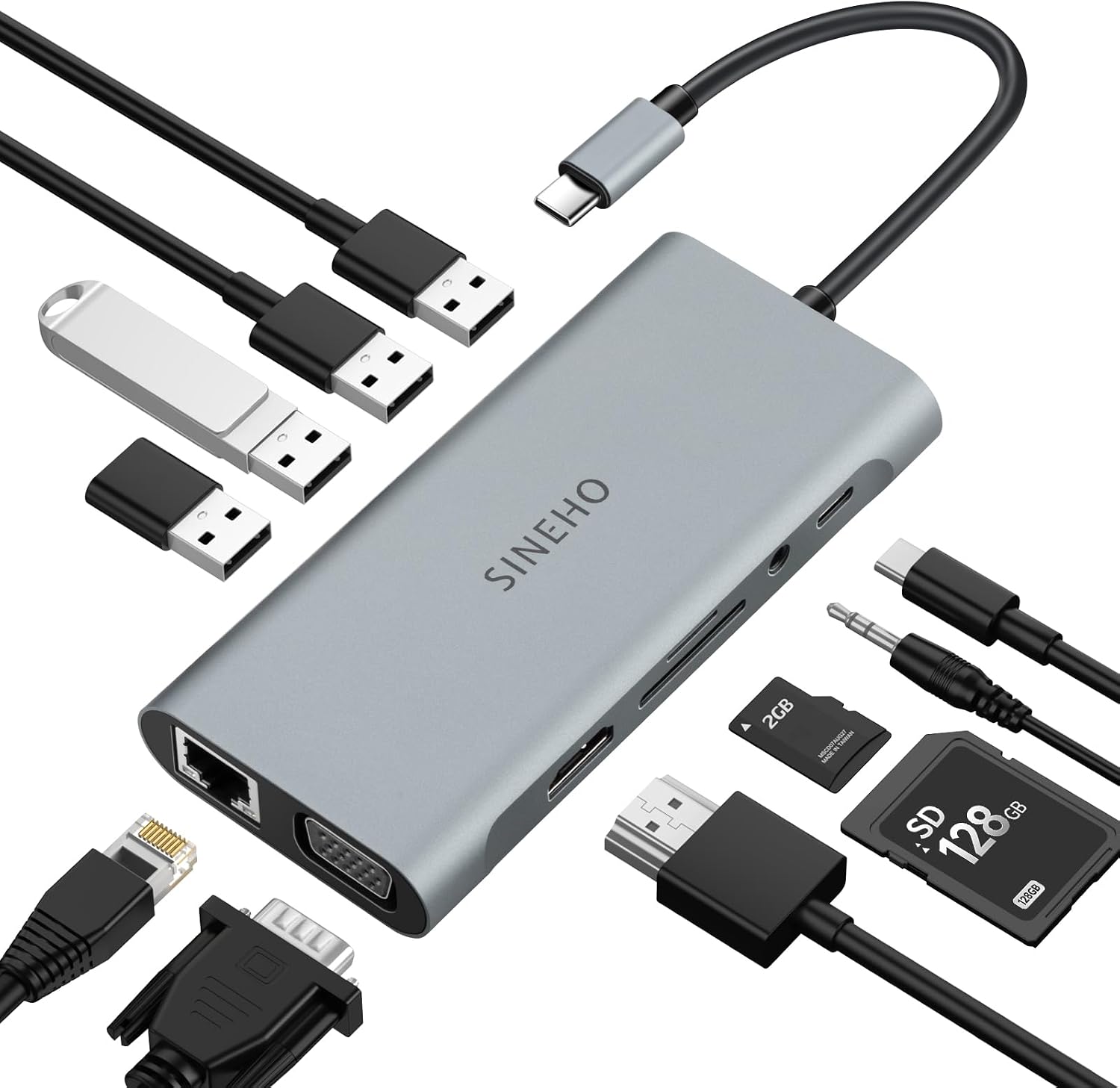 11-in-1 USB C Hub HDMI 4K VGA Ethernet SD/TF-Kartenleser