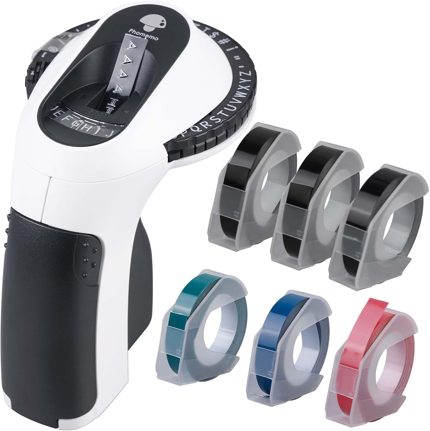 E975 Beschriftungsgerät, 3D Prägegerät, Tragbarer Etikettenprägegerät mit 6 Rollen Prägegerät Etiketten, DIY Etikettiergerät Handgerät, Etikettendrucker mit (£ € Ä Ö Ü) für Home Schule Küche(Schwarz)