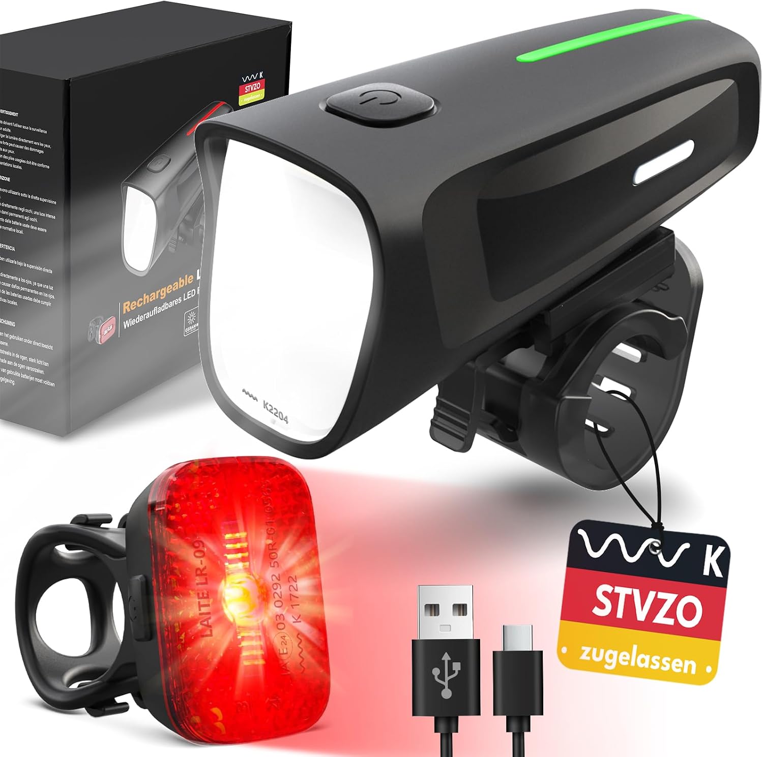 StVZO LED Fahrradlicht Set,100 Lux,USB-C IPX5 Vorne und Rücklicht