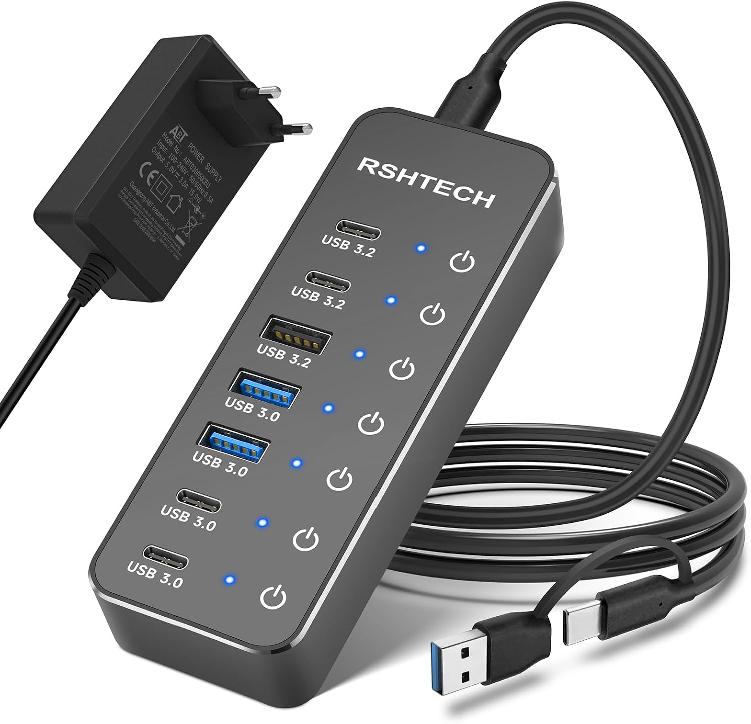 RSHTECH 10 Port USB 3.0/3.2 C Hub mit 60W Netzteil (12V/5A), RSH-ST10C-6