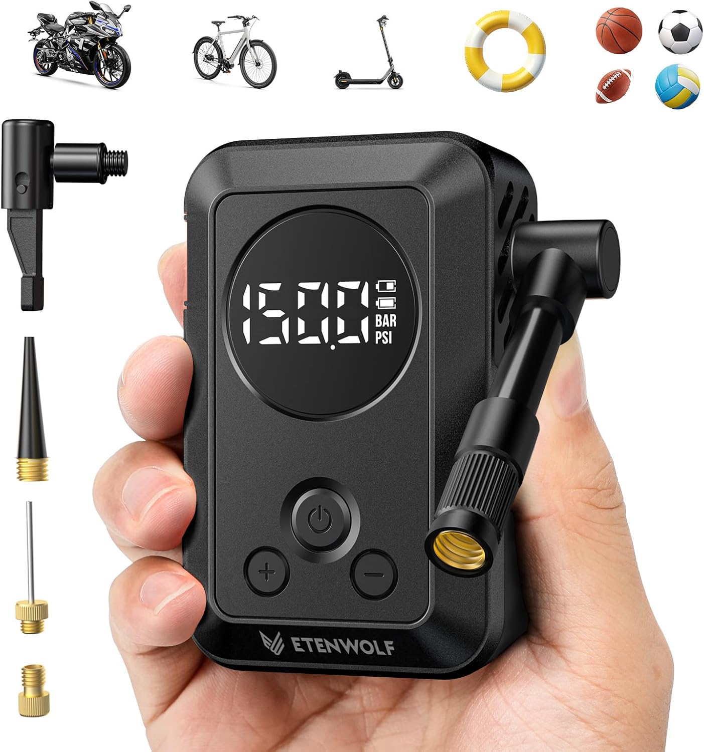 ETENWOLF Elektrische Fahrradpumpe,10,34 BAR Tragbare Reifenpumpe