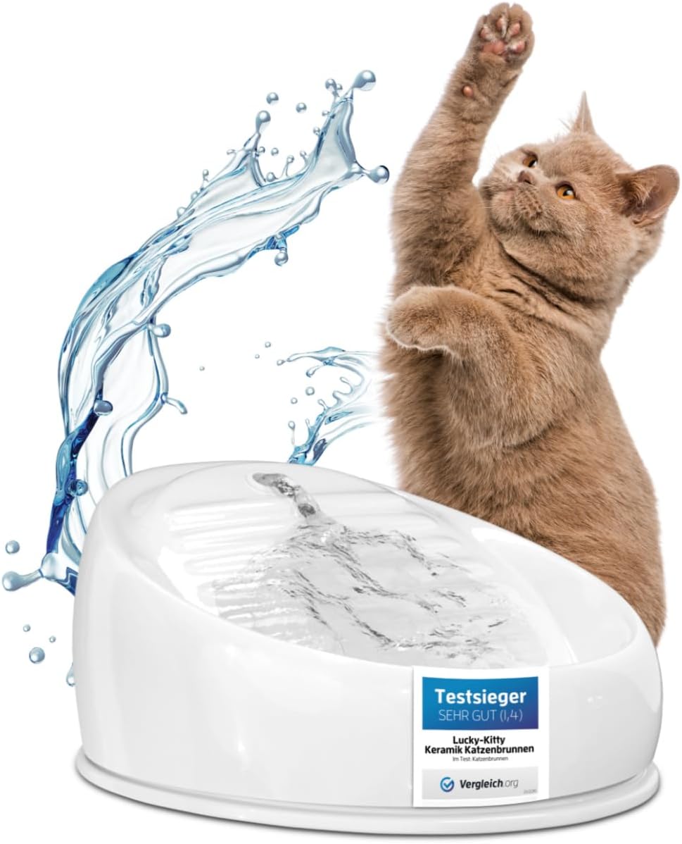 Lucky-Kitty Trinkbrunnen für Katze weiß I Katzenbrunnen Keramik Handarbeit, hygienisch I Kein Aufladen, kein Filter-Tausch I Trinkbrunnen leise & energiesparend I Wasserspender Katzen plastikfrei