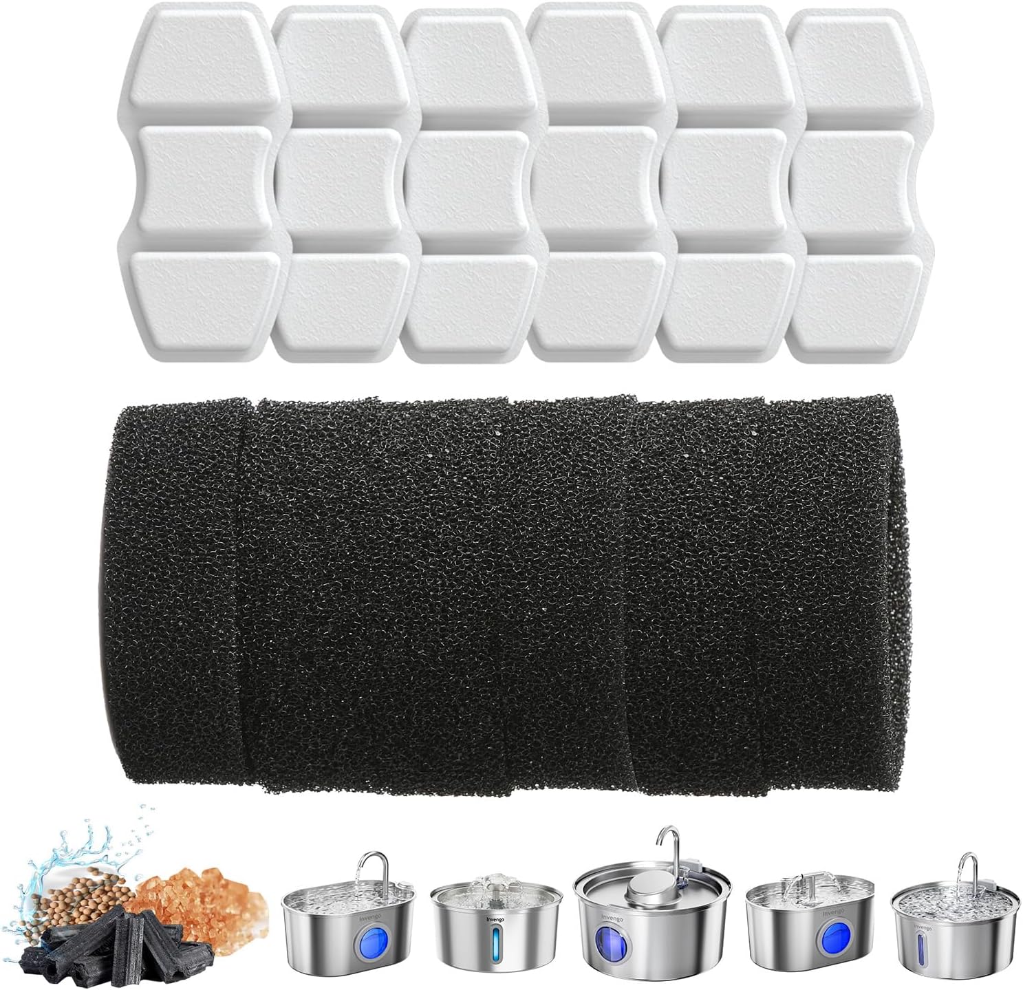 Invengo Ersatzfilter für Trinkbrunnen für Katzen, 12 Kohlefilter & 12 Schaumstoffschwämme, Kompatibel mit Invengo MeowFlow Trinkbrunnen für Tiere