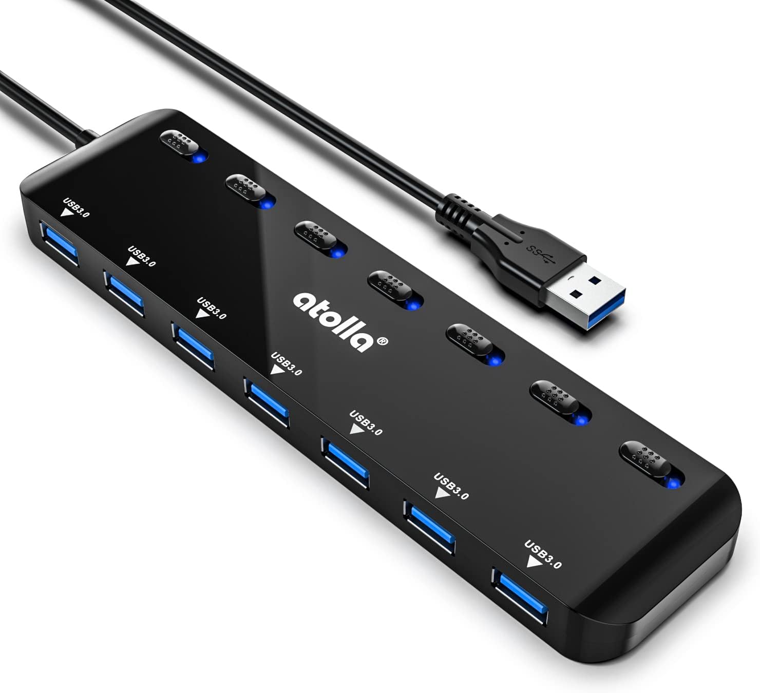 USB HUB, atolla USB Verteiler mit 7 USB3.0 Ports, Mehrfach USB 3.0 Daten Hub mit 100cm Erweitert Kabel und Individuellen LED EIN/Aus-Tasten für Laptop PC