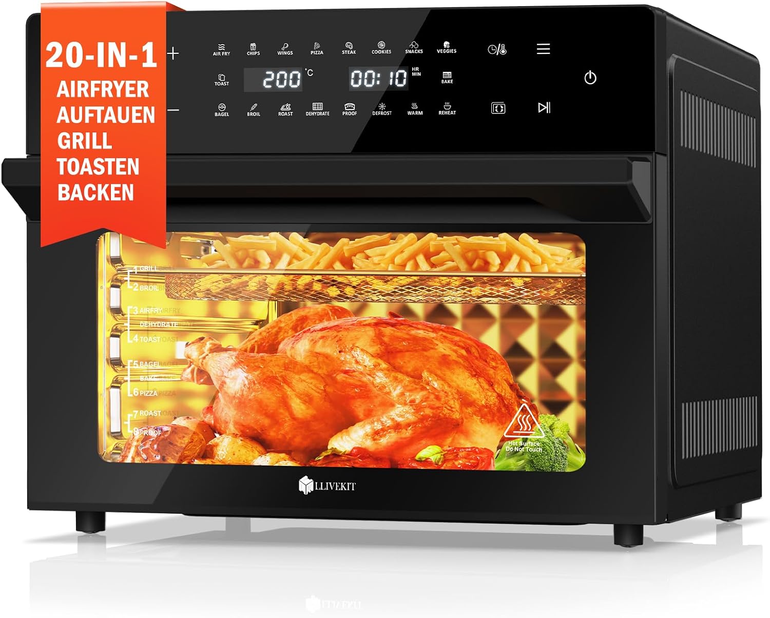 LLIVEKIT 30L Heißluftfritteuse XXL, Minibackofen Umluft mit 20 Programme