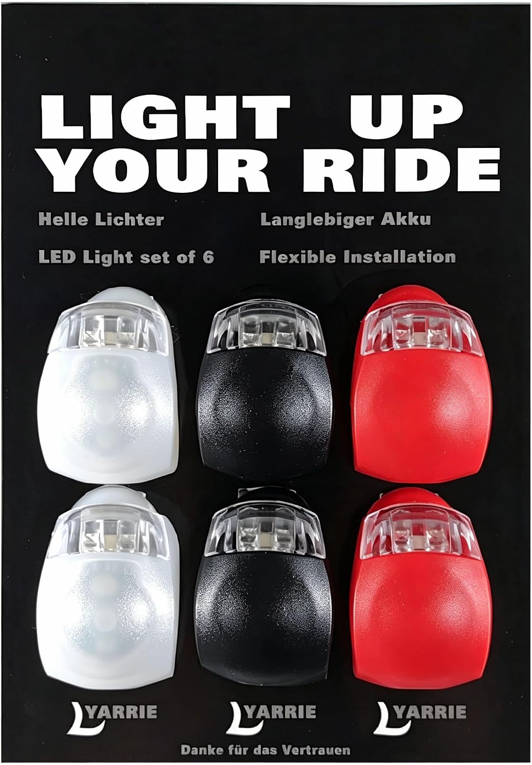 LED Licht 6er Set, Helles Licht, Kompakt und Wasserdicht, Langlebiger Akku, LED ist für den Außenbereich geeignet und kann auch als Kinderwagen Licht (2schwarz, 2weiß, 2rot)