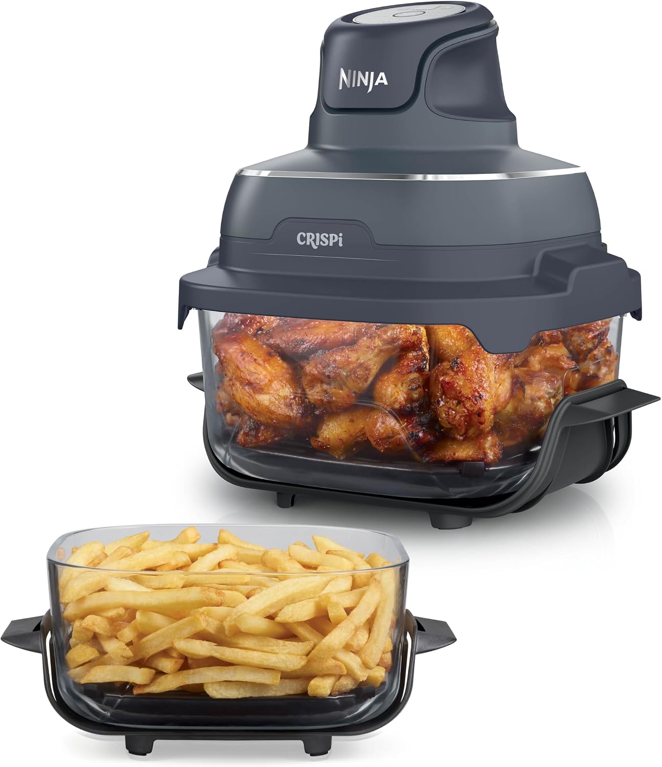 Ninja CRISPi Airfryer: Set mit 3,8-Liter- und zwei 2,3-Liter-Glasbehältern, Deckel, 4-in-1: Heißluftfrittieren, Braten, Warmhalten, Aufknuspern, kompaktes Design, 6 Portionen, Grün-Gold FN203EU