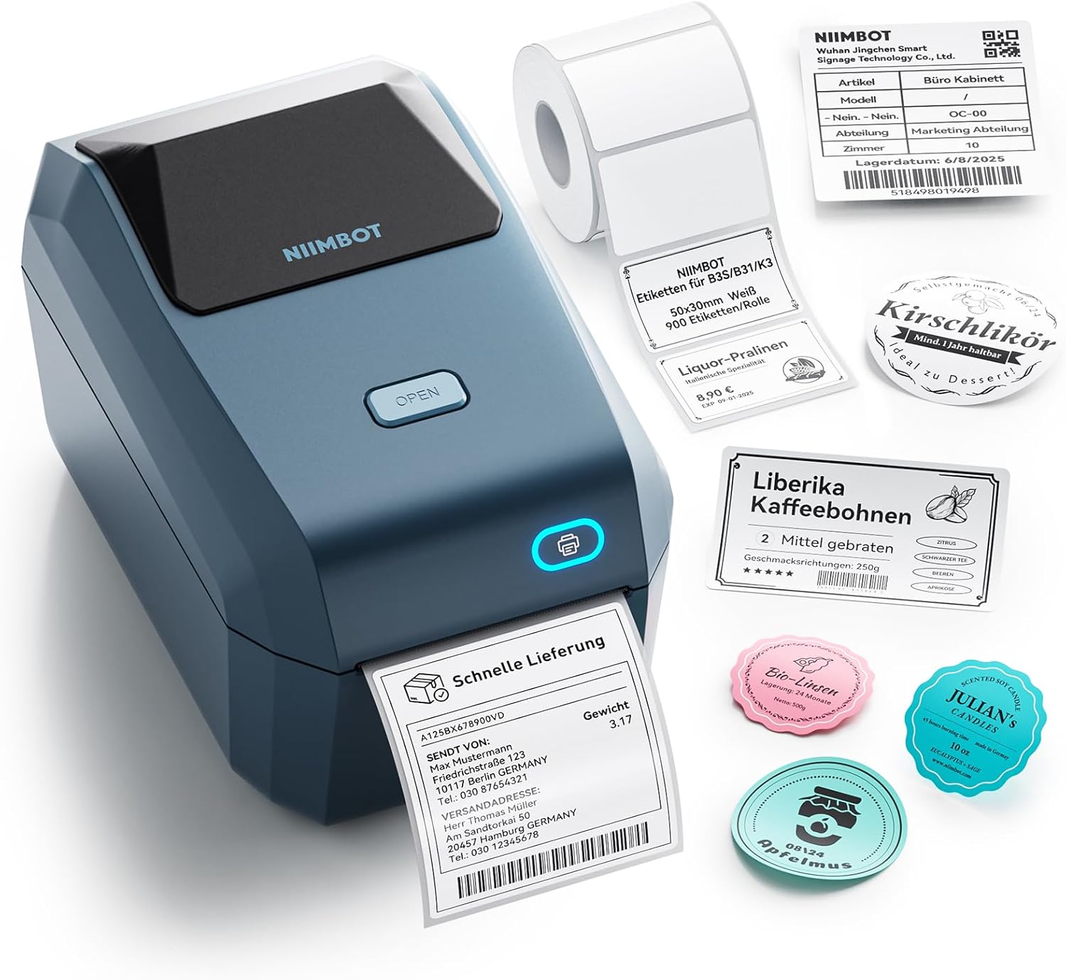NIIMBOT Bluetooth Etikettendrucker mit Breitformat-Etiketten (50mmx30mm), Thermodrucker 3x4 Zoll Versandetiketten Drucker, Etikettiergerät Label Printer für Barcode, Einzelhandel, kleine Unternehmen