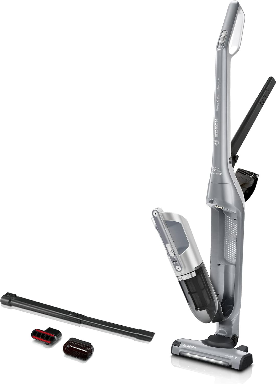 Bosch Hausgeräte Akku-Staubsauger Flexxo 2 in 1 Serie 4 BBH3K2801, kabelloser Handstaubsauger, beutellos, hohe Saugleistung, Lange Laufzeit, Düse mit LED Beleuchtung, alle Bodenarten, Silber