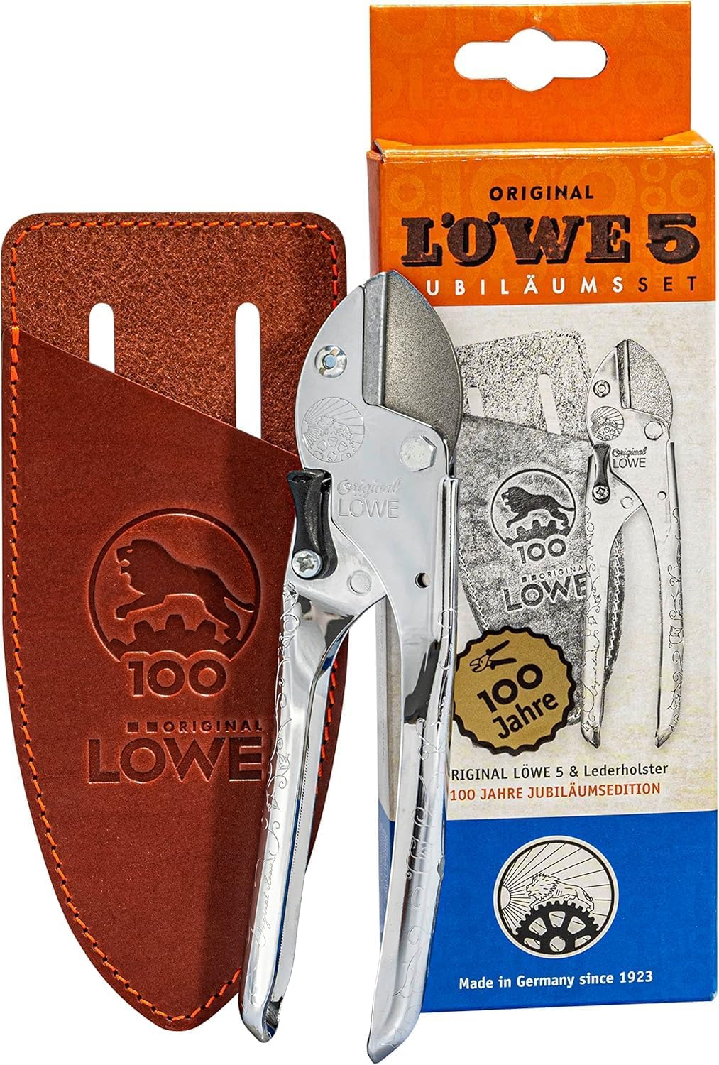 Original LÖWE 5, 100 Jahre Jubiläumsedition - Profi Gartenschere Amboss Schere 5.100 aus Metall mit rostfreier und antihaftbeschichteter Stahlklinge zusammen mit handgefertigtem Lederholster