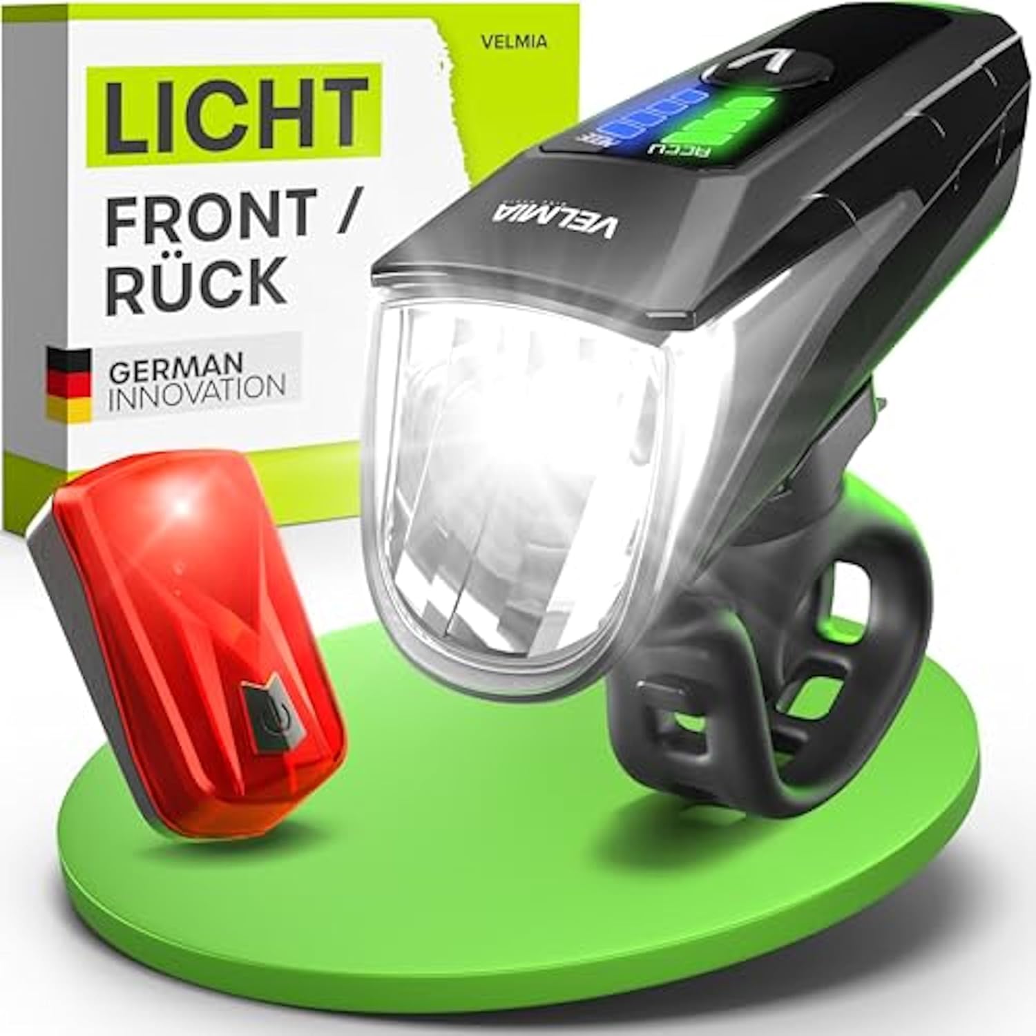 Velmia Fahrradlichter Set StVZO zugelassen mit USB Akku-Betrieb und 8,5h Leuchtdauer I LED Fahrradlicht Set regenfest und aufladbar I Fahrrad Licht, Fahrrad Zubehör, Fahrradlicht vorne + rücklicht