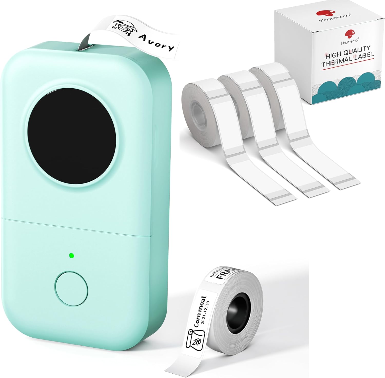 Phomemo D30 Etikettendrucker, Bluetooth Etikettiergerät für Büro, Schule, Zuhause, Küche, mit 3 Rollen Transparentes Etikett(14mm × 40mm) und 1 Rolle weißen Etiketten(12mm × 40mm)