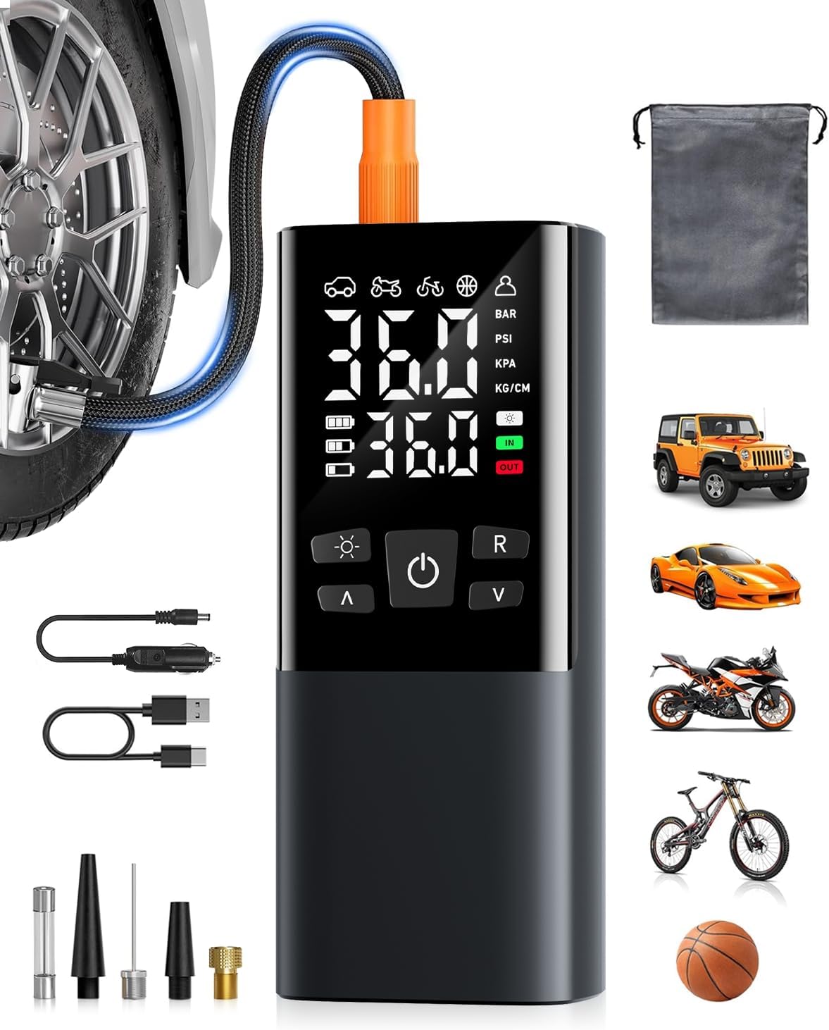 Elektrische Luftpumpe Kabellose, 6000mAh 150PSI Duale Anzeige Akku Kompressor, Luftpumpe Fahrrad mit LED-Leuchte & Manometer, Tragbarer Fahrradpumpe für Auto Motorrad Ball, Powerbank Funktion