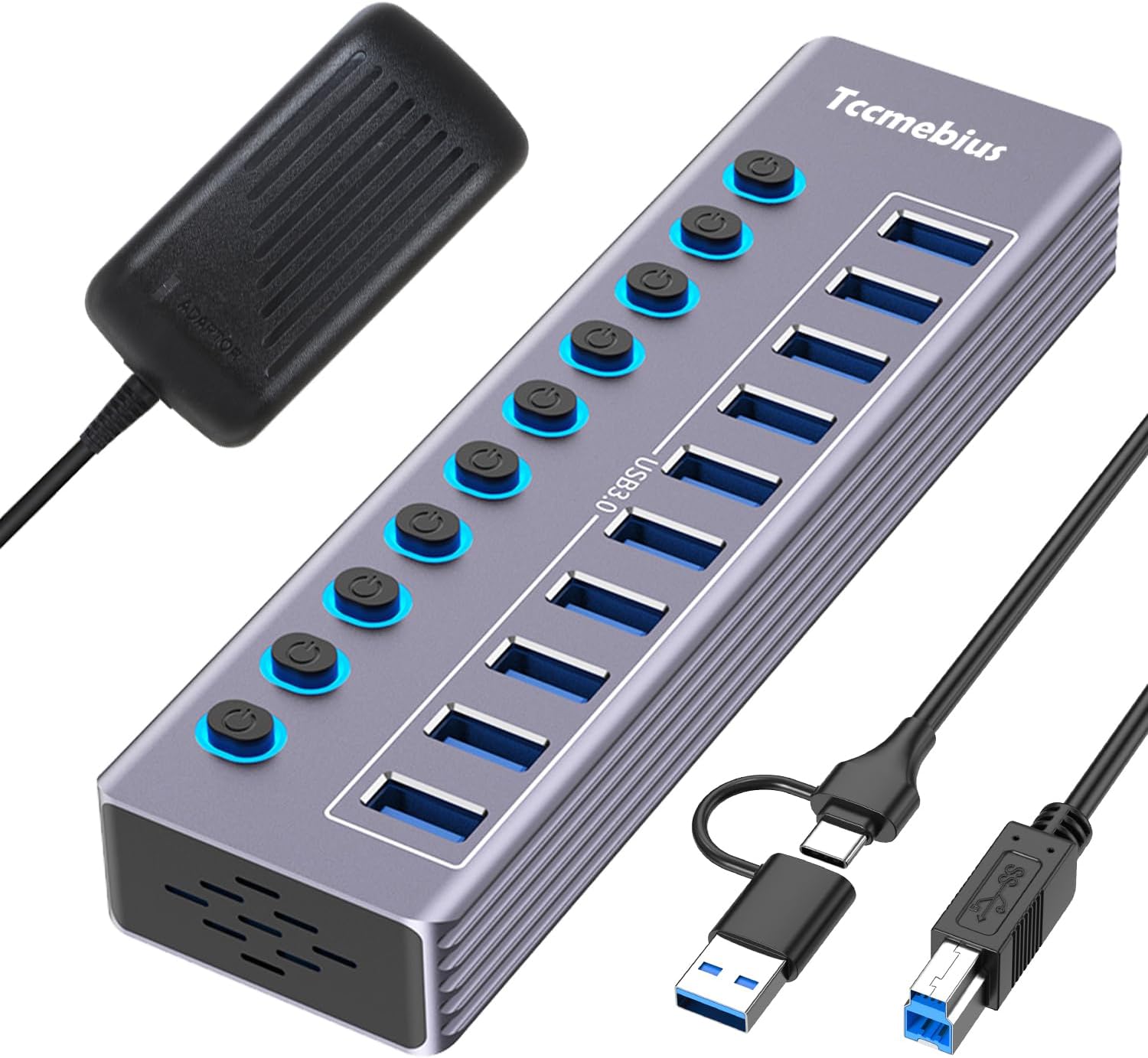 USB Hub Aktiv 3.0 mit 36W(12V/3A) Netzteil, 2-in-1 (USB A/C) zu 10 Port USB 3.0 Daten Hub mit Einzelperson LED EIN/Aus-Schalter, 100cm Kabel, für Laptop MacBook Pro/Air PC (Aluminium Grau)