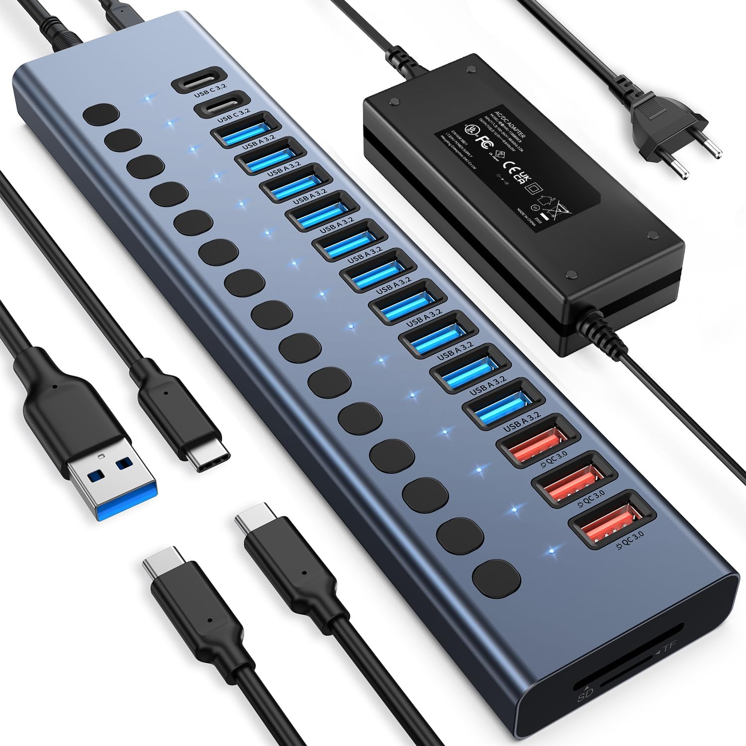 VANGREE Powered USB Hub 10Gbps, 17 Ports USB 3.2 Hub, 96W Netzteil