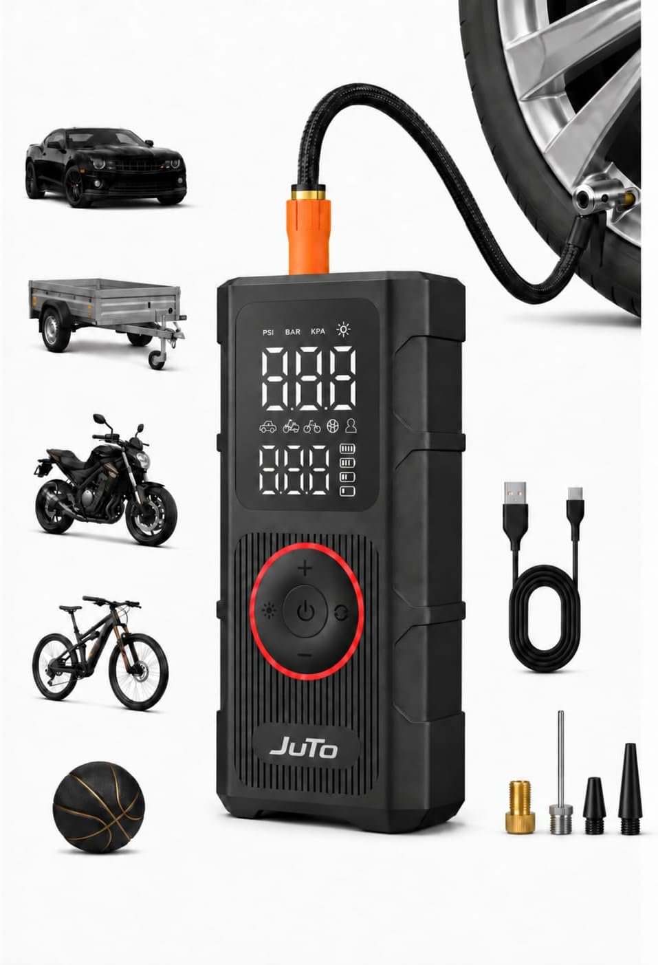 JuTo Air Pro X 200 – Elektrische Luftpumpe bis 10,3 Bar | Akku-Pumpe für Fahrrad, Auto & Motorrad
