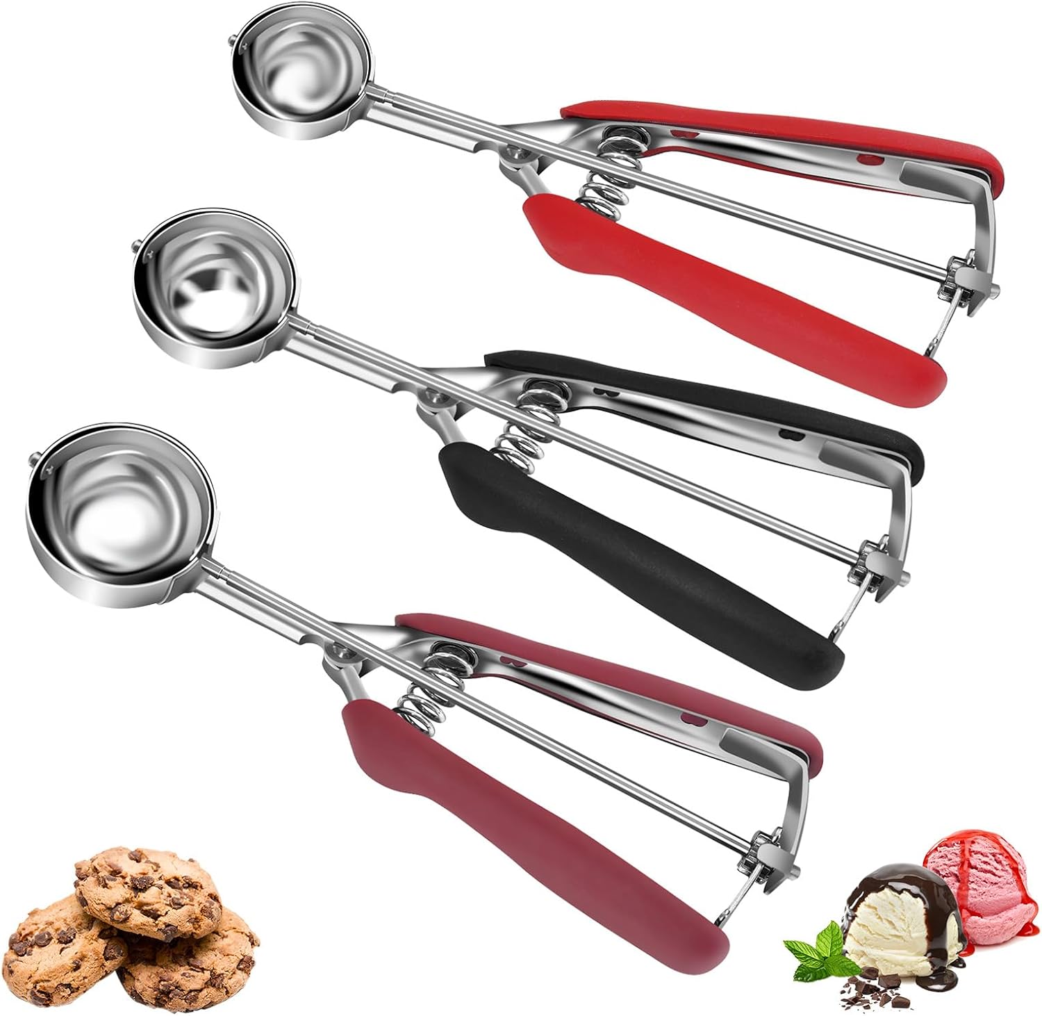 Cookie Portionierer Set, 3-teiliges Eisportionierer Set aus Edelstahl, Plätzchenportionierer mit Auslöser (1 EL/2 EL/3 EL), Teigportionierer für Keksteig, Muffins, Cupcakes, Melonen