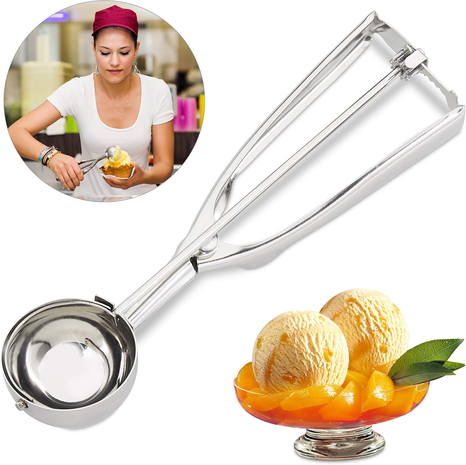 Relaxdays Eisportionierer Edelstahl, mit Auslöser, für Eis, Obst, silber