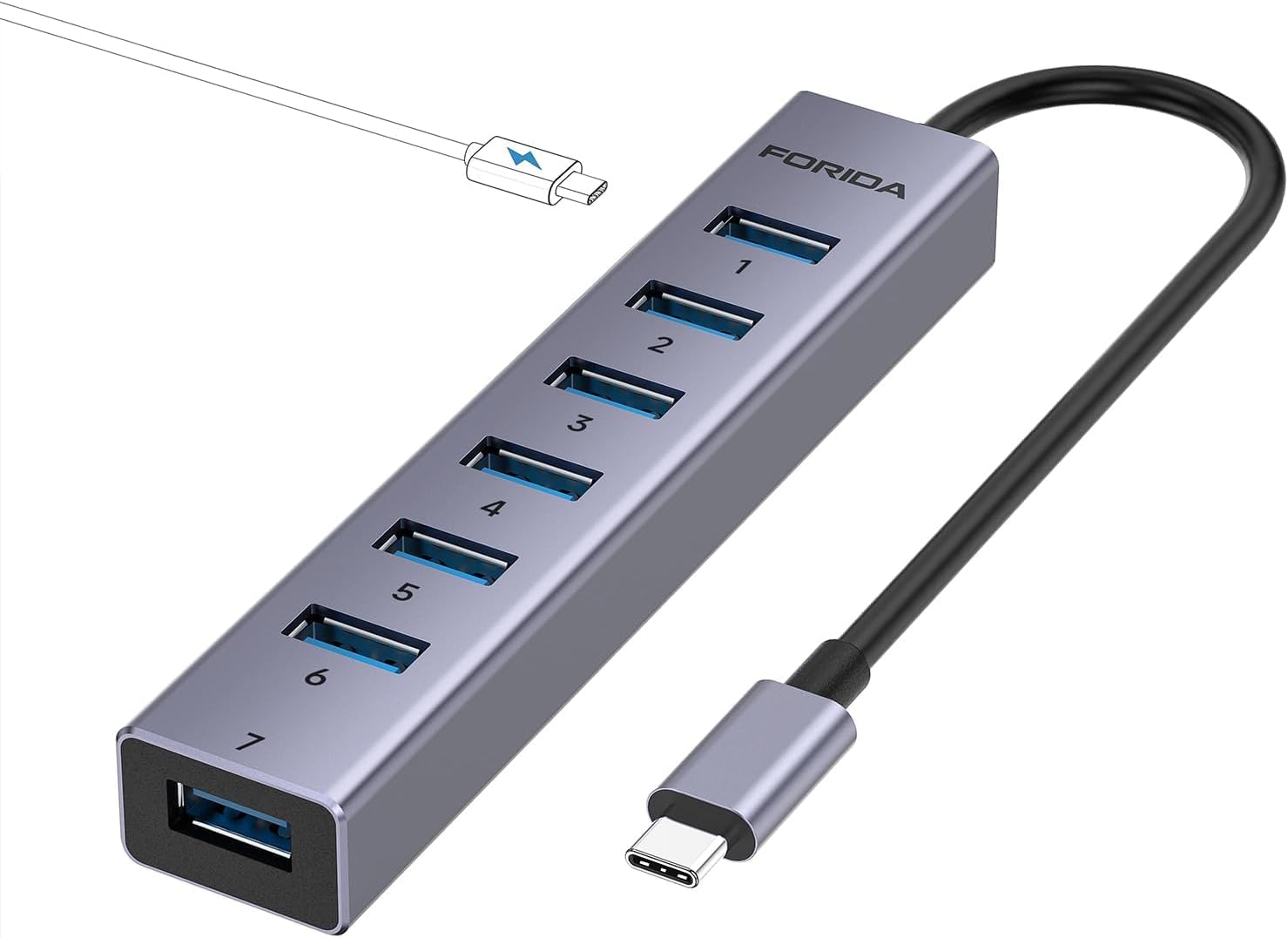 FORIDA 8-Port USB Hub3.0 120cm Langes Kabel, Multiport USB Verteiler Laptop
