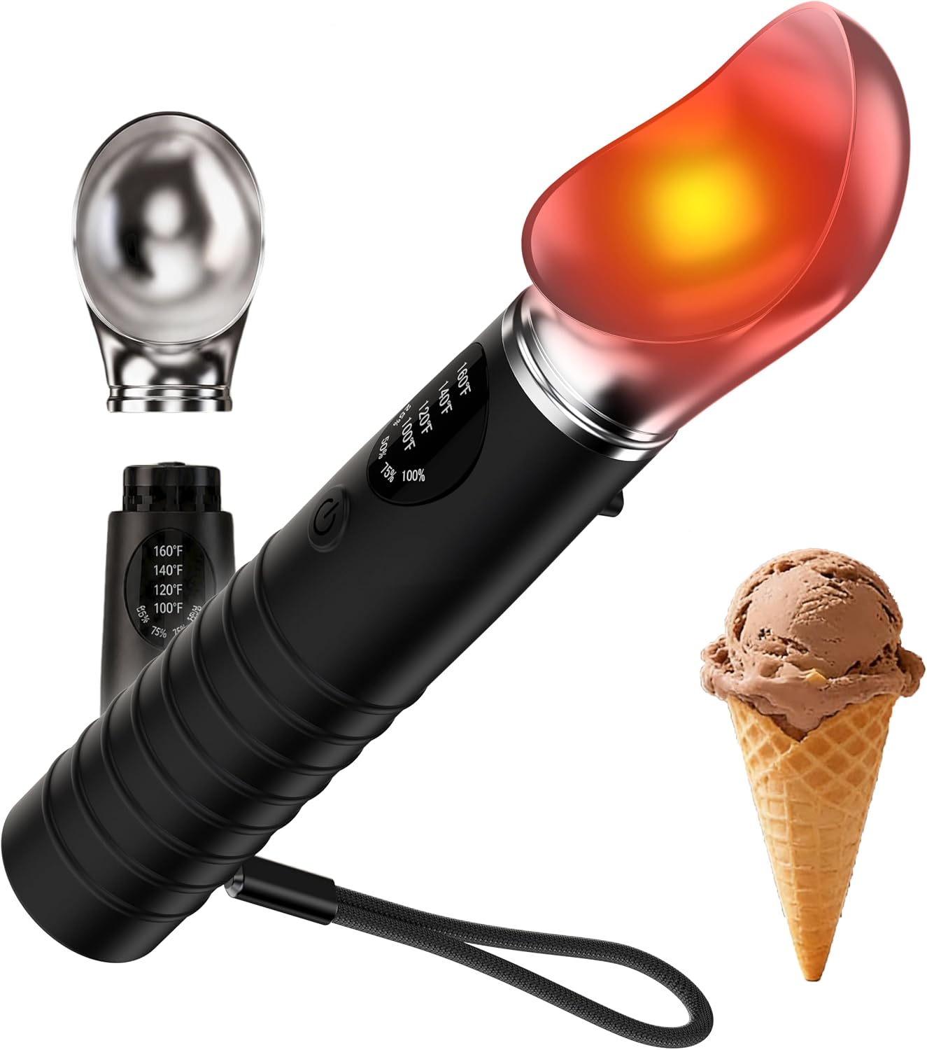 Wiederaufladbarer Beheizbarer Eisportionierer, 4 Temperaturstufen 40/50/60/70 ℃ mit LED-Anzeige, IP67 Wasserdicht, Aabnehmbarer Kopf für Hartes Eis/Gelato, mit Stützfuß (Schwarz)