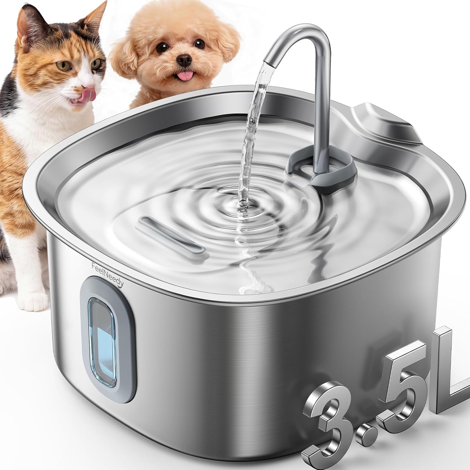 FEELNEEDY Katzenbrunnen Edelstahl 3,5L–Trinkbrunnen für Katze &Kleine Hunde