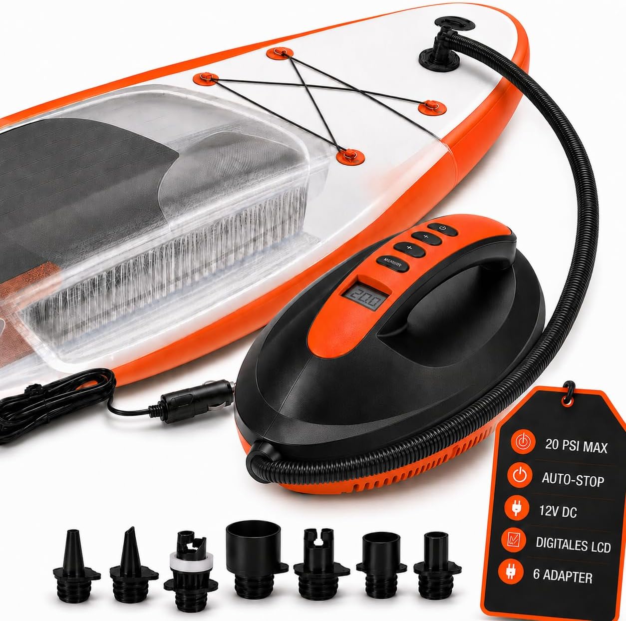 SkinStar elektrische SUP Board Pumpe 12V Luftpumpe 20 PSI Stand Up Paddle