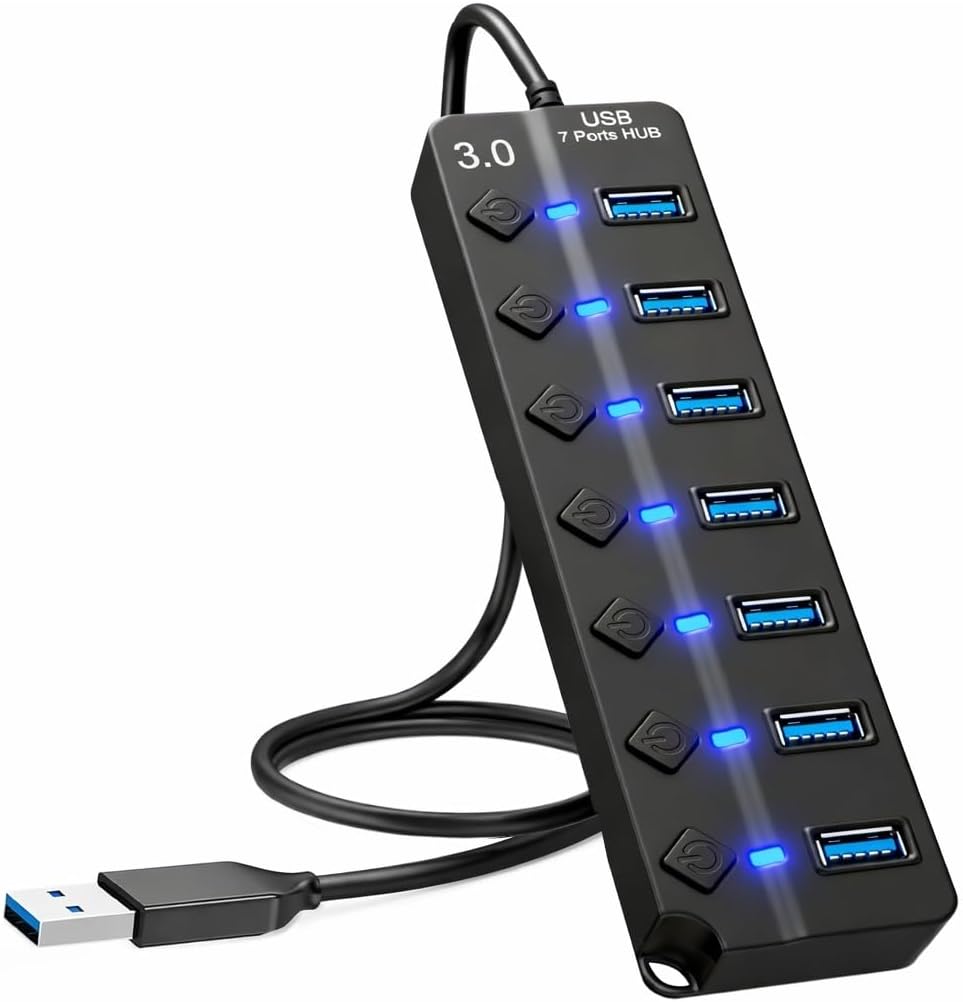 7-Port USB Hub 3.0 – USB Verteiler Multiport Adapter mit Schaltern und LED Anzeigen – USB Splitter für PC, Laptop, MacBook, USB Stick, Externe Festplatten und mehr
