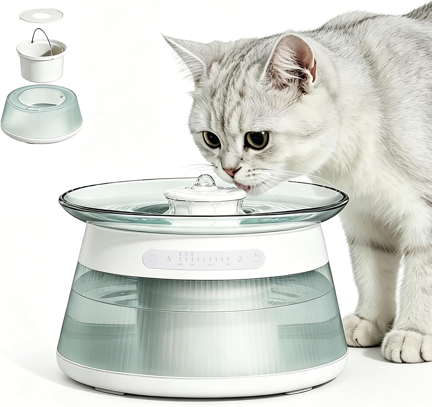 2.5L Trinkbrunnen für Katze Kabellos,Ohne Filter,Katzenbrunnen Kabellos mit Bewegungsmelder,Abwassertrennung und Immer frisches Wasser,4000mAh,Leise Wasserpumpe,Tablett aus Glas für Katze