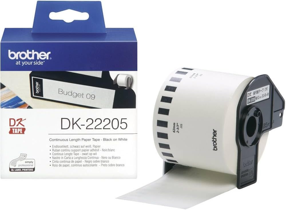 Brother Brother DK-22205 Etikettenrolle, durchgehende Länge, Papier, schwarz auf weiß, Einzeletikettenrolle, 62 mm (B) x 30,48 m (L), Originalzubehör (Packung mit 3)