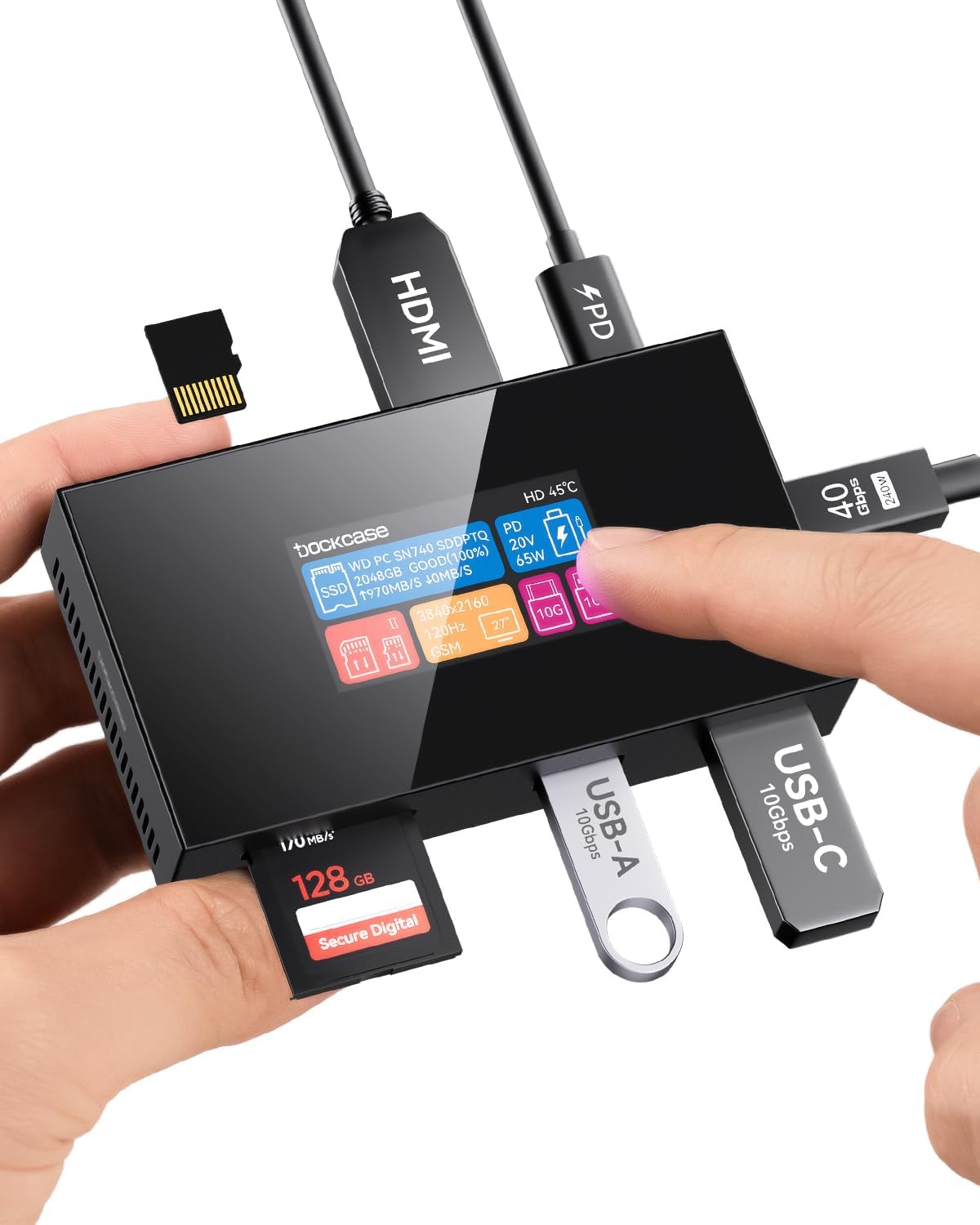 DOCKCASE 7-in-1 USB-Hub Photographer’s ChronosBox SD & microSD UHS-II 312 MB/s, M.2 NVMe SSD 2230/2242 bis 2 TB, 100 W PD,USD-A & USB-C mit 10 Gbps, HDMI 4K@120 Hz, 1,90″ Touch-LCD & Turbo-Lüfter