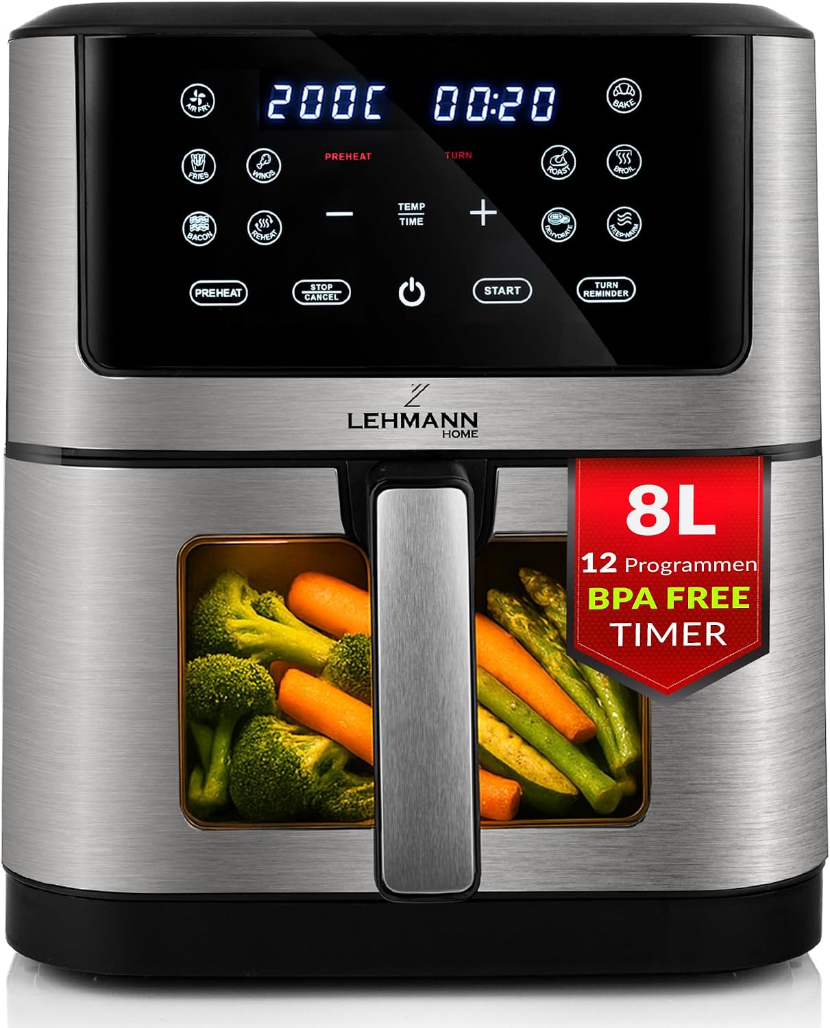 LEHMANN Heißluftfritteuse XXL 8L, Flexible Dual-Zone-Kammer, Sichtfenster, 12 Programme, Temperaturregelung 76-200°C, Digitales Display, Timer, Antihaftbeschichtung, Familien Air Fryer ohne Öl