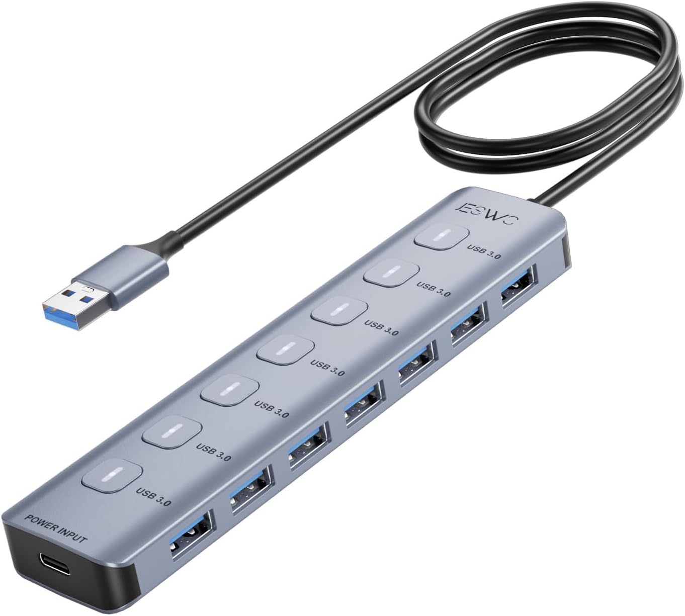 JESWO 8-Port USB 3.0 Hub mit individuellen Schaltern & LED-Anzeigen, Aluminium USB Verteiler 5Gbps, 100cm Kabel Multiport Adapter Splitter für PC, Laptop, Windows, USB-Stick, Externe Festplatten