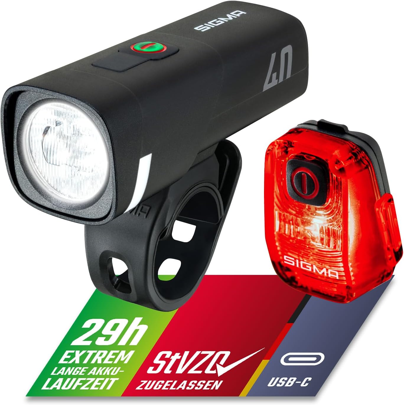 SIGMA LED Fahrradlicht Set Aura 40/ Hiro 10 | StVZO zugelassen, USB-C