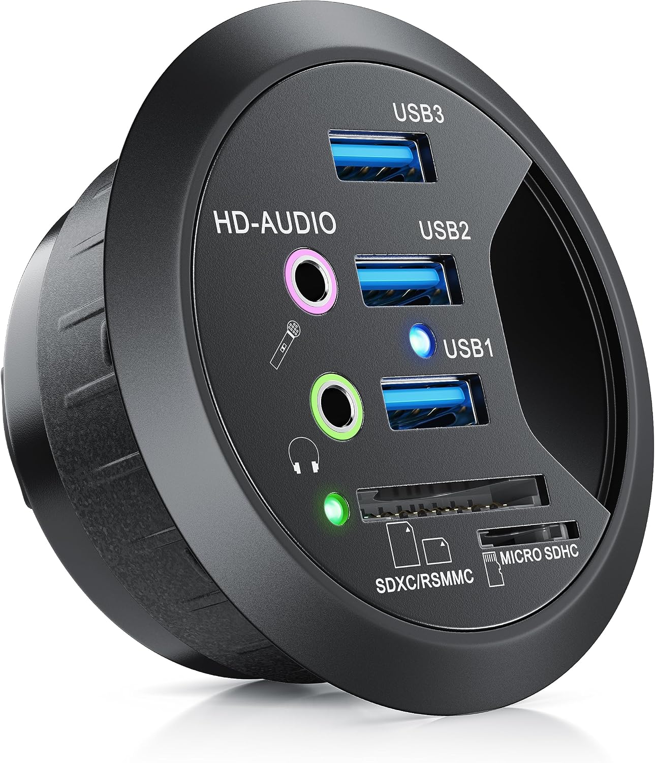 CSL - USB 3.2 In-Desk USB Hub - Tisch Kabeldurchführung - Tischkabeldose - 2 x USB 3.2 – 1 x USB C 3.2 – 1 x Audioanschlüsse 3,5mm Klinke Lautsprecher Kopfhörer
