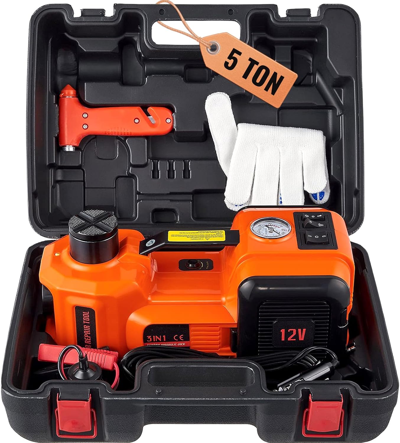 VEVOR Elektrischer Wagenheber 5 t, 180 W Elektro Hydraulik Wagenheber Hubbereich 155 bis 450 mm Hydraulischer Heber für Autos und SUVs inklusive Batterieclip sowie Werkzeugkasten und Netzkabel