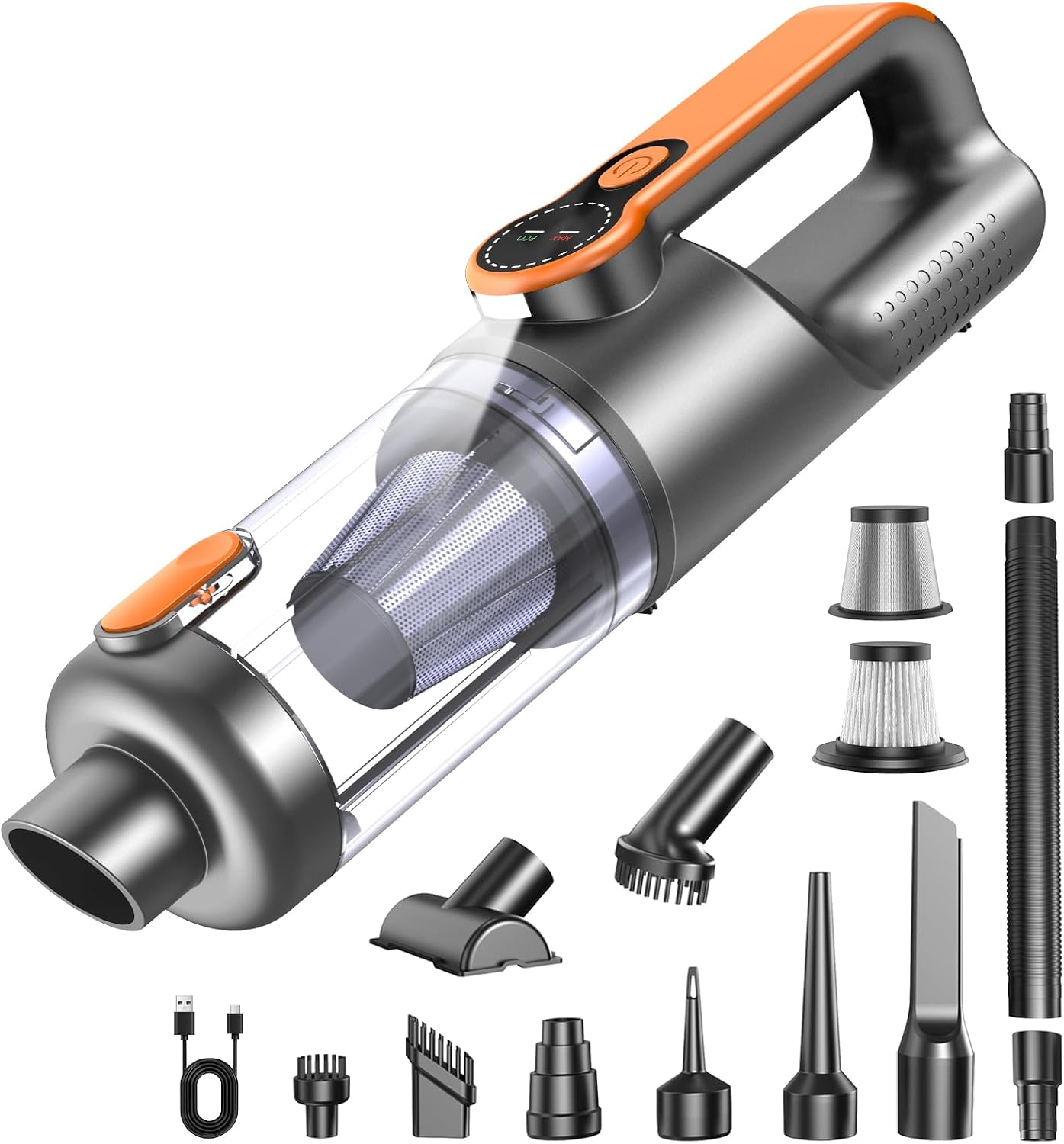 Handstaubsauger, 26000 Pa 4-in-1 Auto Staubsauger Stark, One-Touch Staubentleerung, Bürstenloser Motor, HD Display und LED Beleuchtung, Akku Staubsauger Kabellos für Zuhause/Büro/Auto, Orange