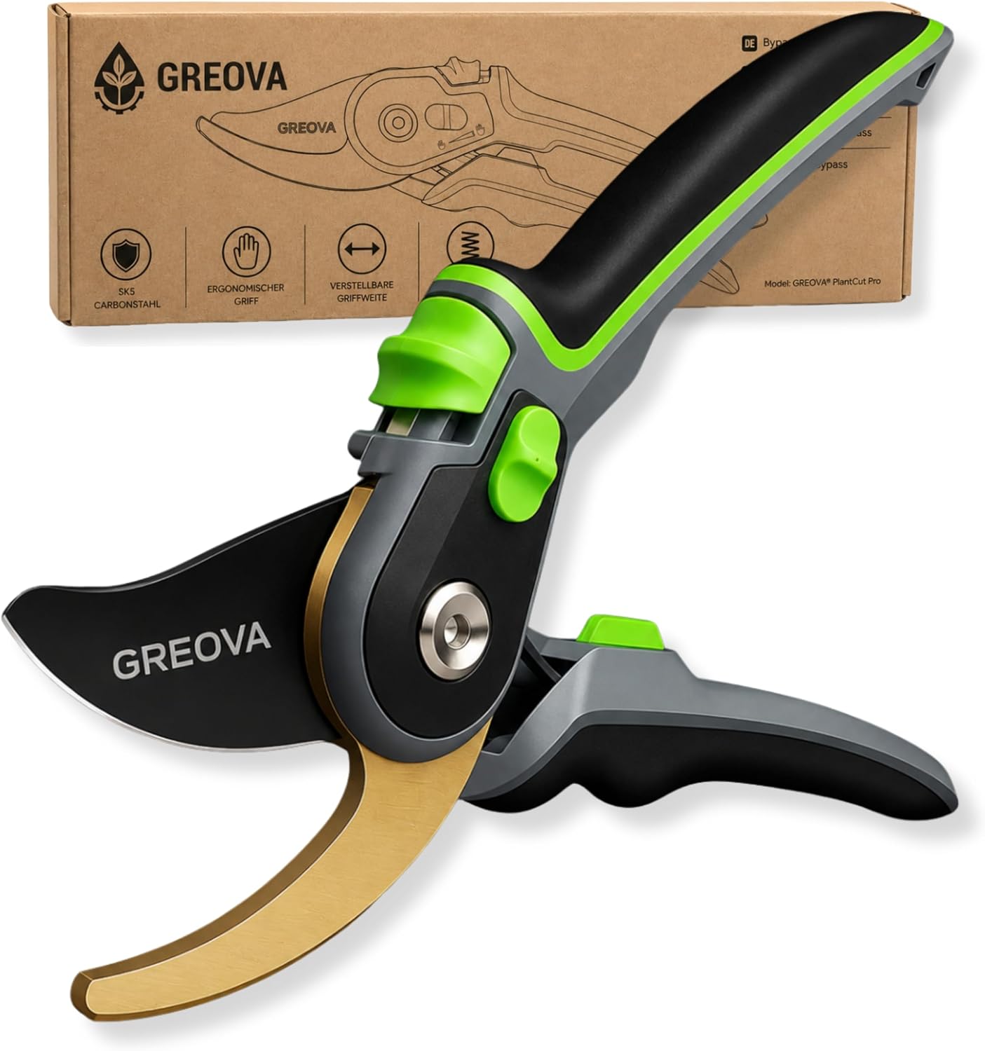 Premium Bypass Gartenschere – Ergonomische Astschere mit einstellbarer Griffweite & langlebiger SK5-Stahlklinge - GREOVA PlantCut Pro