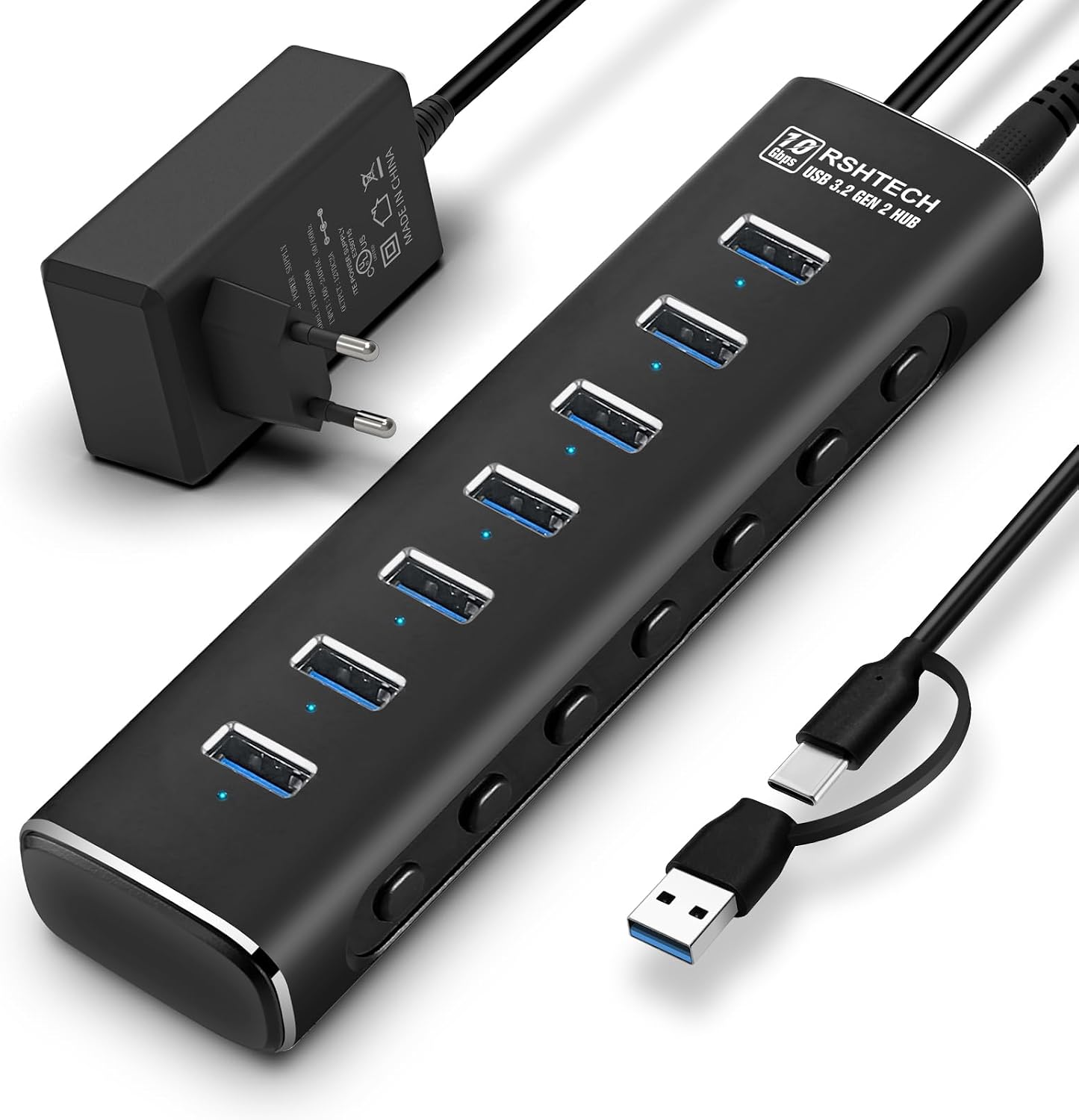 RSHTECH 7 Port USB 3.2 Hub mit Netzteil & Einzeln steuerbare Schalter