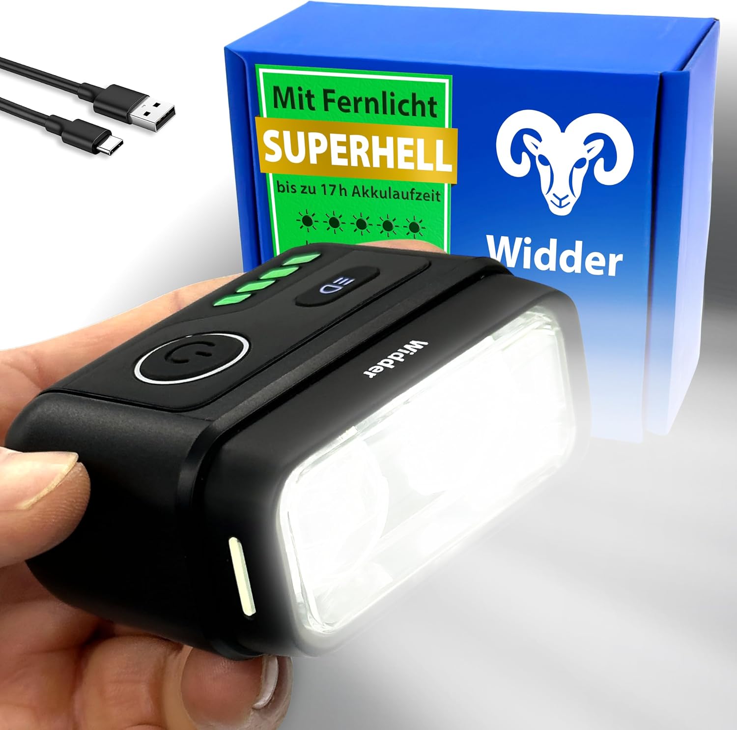 WIDDER Fahrradlicht mit Fernlicht | extrem hell | Fahrradlampe vorne USB C