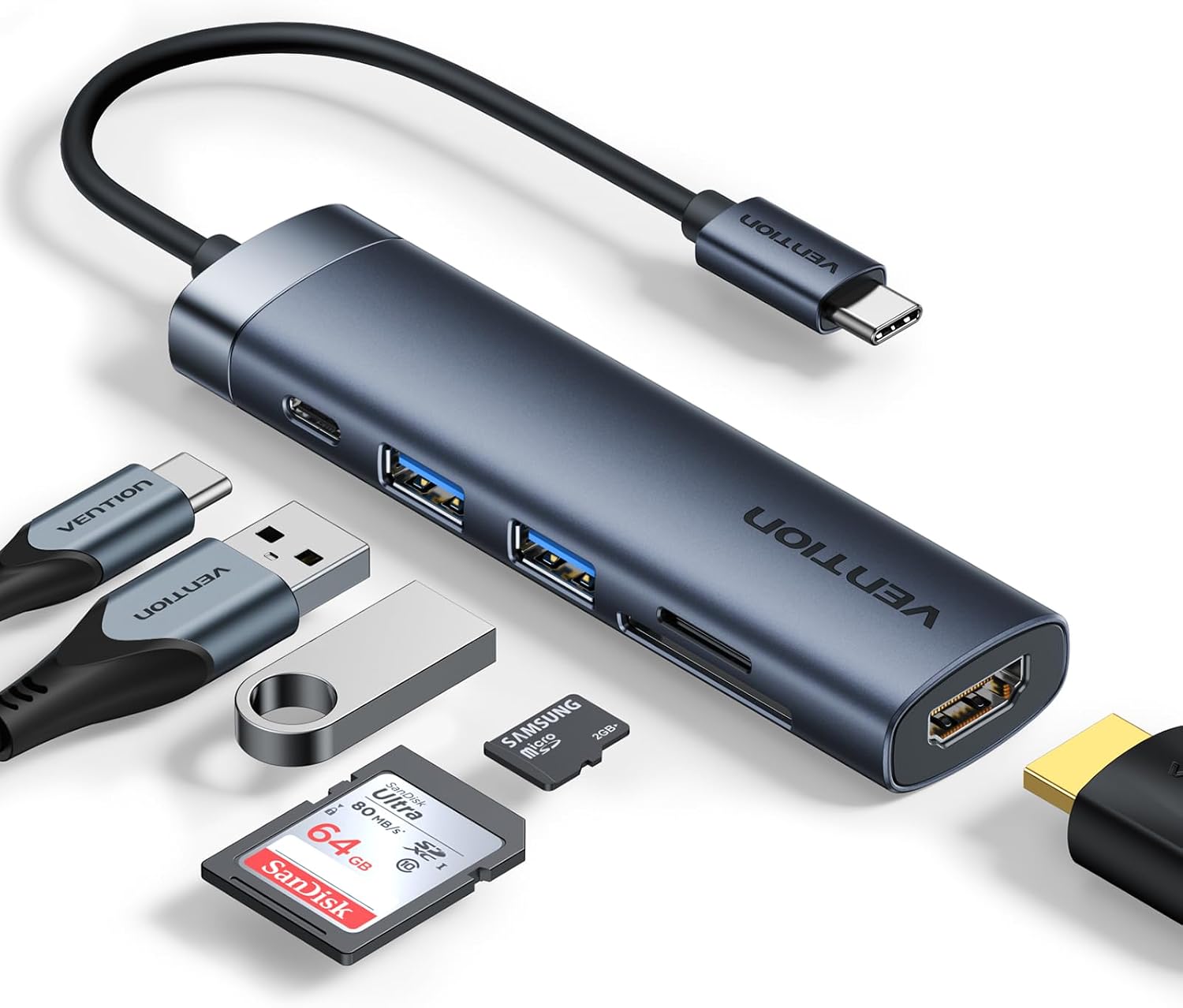 VENTION USB C Hub PD 100W, 6 in 1 Docking Station, 4K HDMI, USB A 3.0 * 2 Datenports, SD/Micro SD Kartenleser USB C Multiport Adapter, Kompatibel für MacBook Pro, Air/Dell/Lenovo/HP, Gray