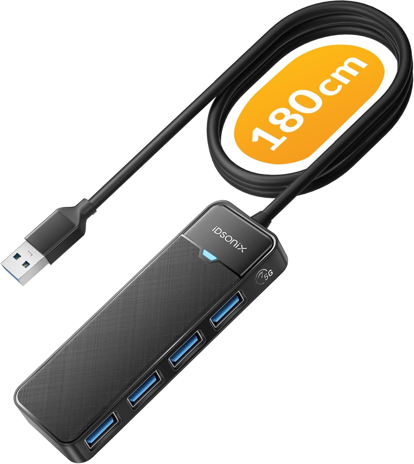 iDsonix USB Hub 3.0 mit verlängertem 180cm Kabel, USB Splitter 3.2 Gen 1 USB Verteiler, 5Gbps USB Erweiterung mehrfach verlängerung für PC, MacBook, iMac, Surface Pro, Laptop, Flash Drive, Mobile HDD