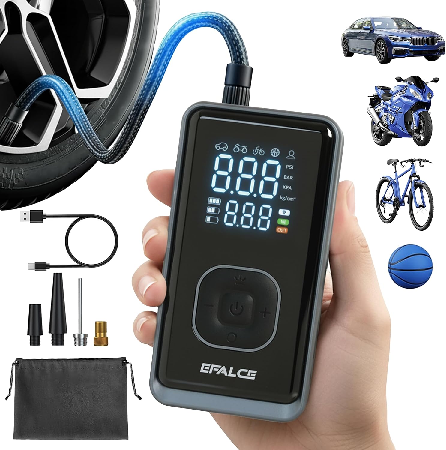 Elektrische Akku-Luftpumpe mit Auto-Stopp für Auto, Fahrrad, Motorrad und Bälle