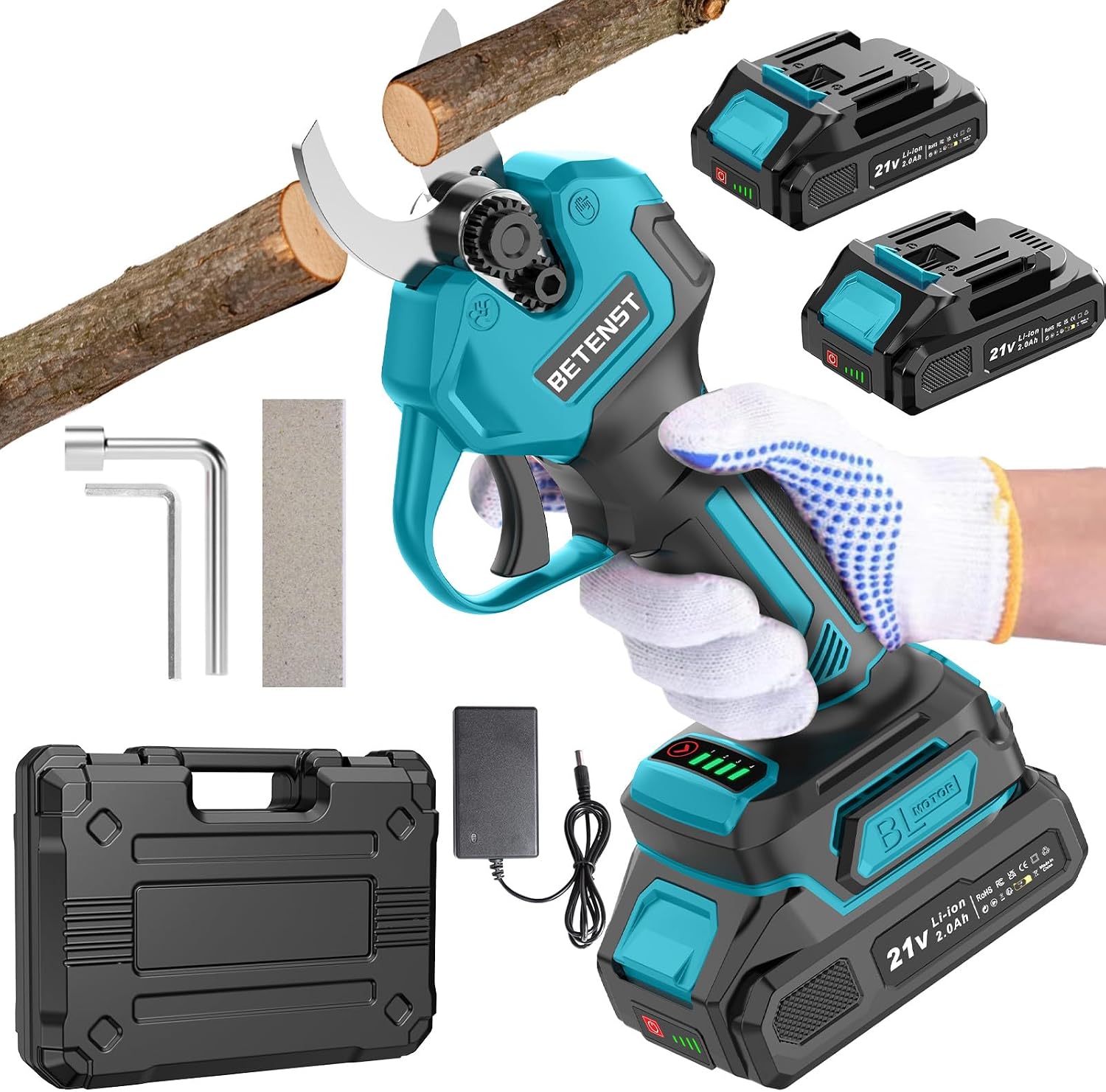 Akku Astschere Bürstenloser, BETENST Elektrische Gartenschere 21V mit 2 Akku 2.0Ah, LCD Anzeige, SK5 Klinge, Schleifstein, Elektrische Baumschere Tragbares Gartenwerkzeug für Garten Äste Obstgärten