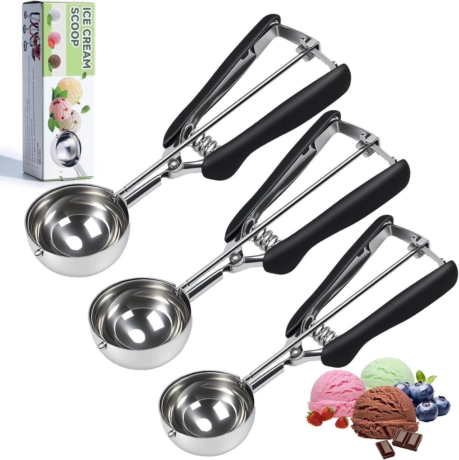Eisportionierer Edelstahl 304, Eislöffel Portionierer 4 cm 5 cm 6 cm, Eiskugelportionierer mit Auslöser und Komfortablem Griff, Eisportionierer Für Eiscremekugel, Backen, Muffins, Cupcakes