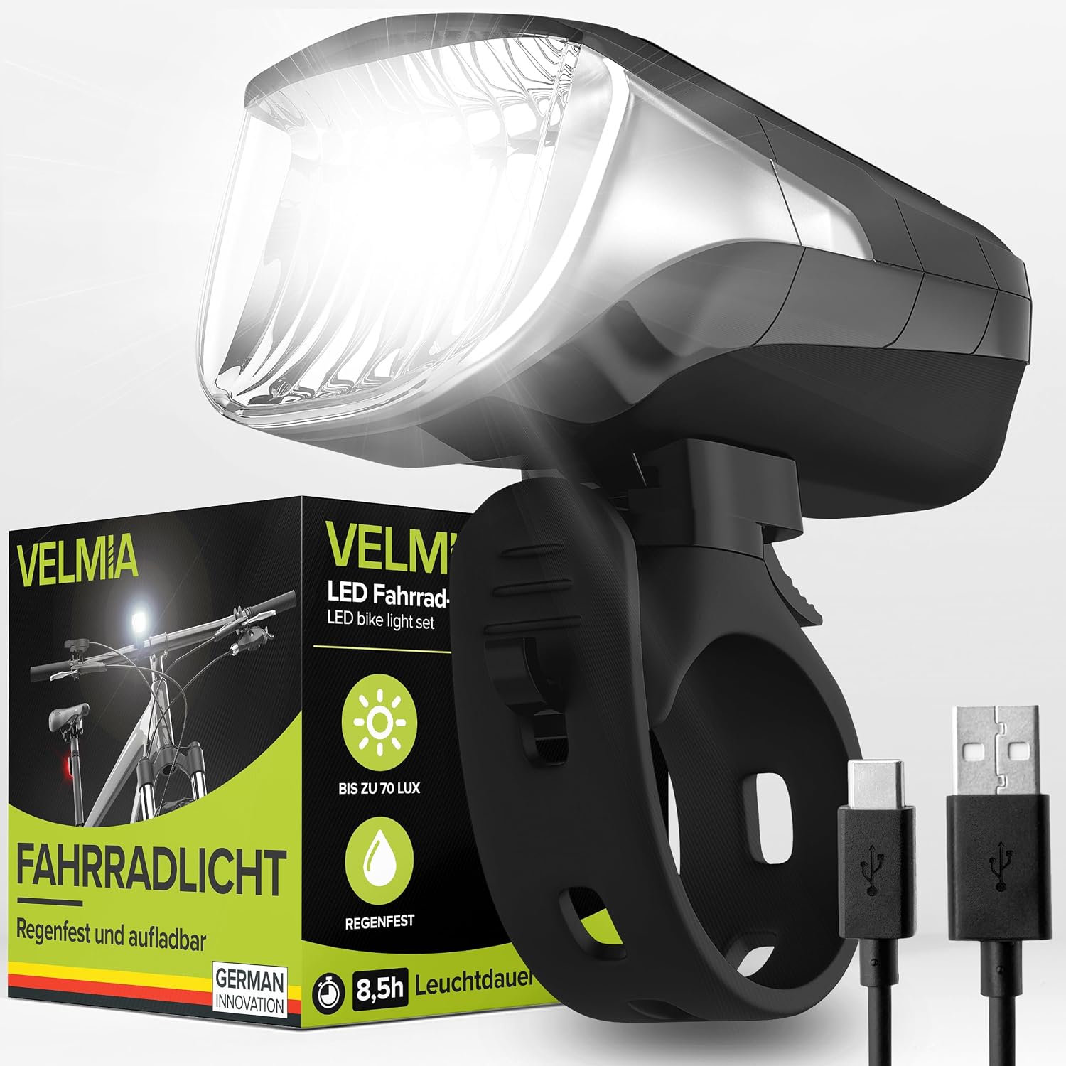 VELMIA Fahrradlicht Vorne StVZO zugelassen mit USB Akku-Betrieb und 8,5h Leuchtdauer I LED Fahrrad Licht regenfest und aufladbar I Front Fahrradlampe Schwarz
