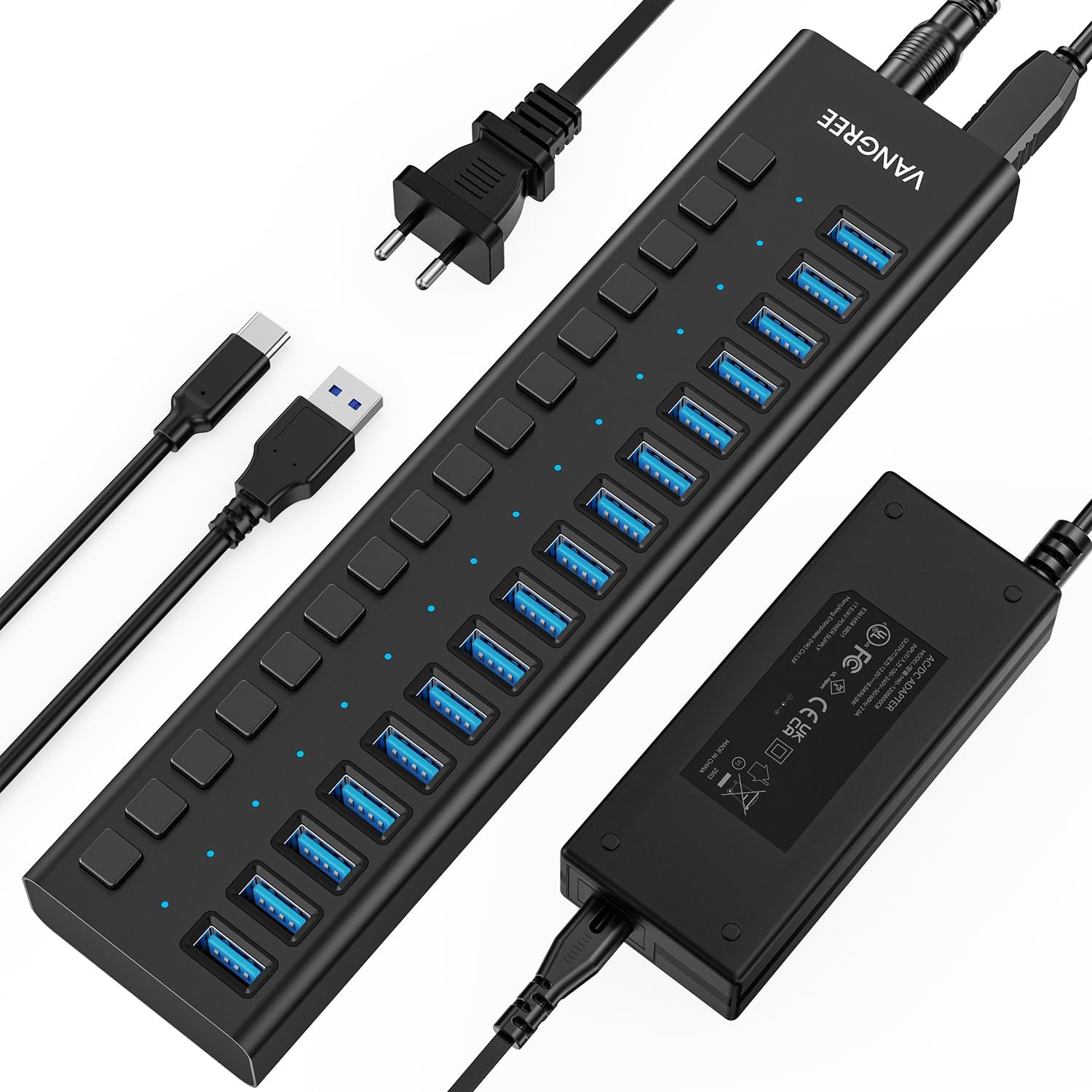 VANGREE 16 Ports Powered USB 3.2 Hub, 10Gbps, 96W Netzteil