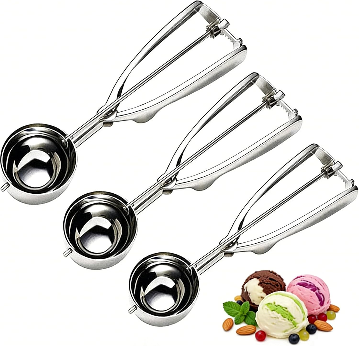 Eisportionierer Edelstahl Eislöffel Portionierer 3 Eisportionierer in verschiedenen Größen für Eis, Kuchenteig, Melone, Fleischbällchen, Kekse, Obst - 3 Stück
