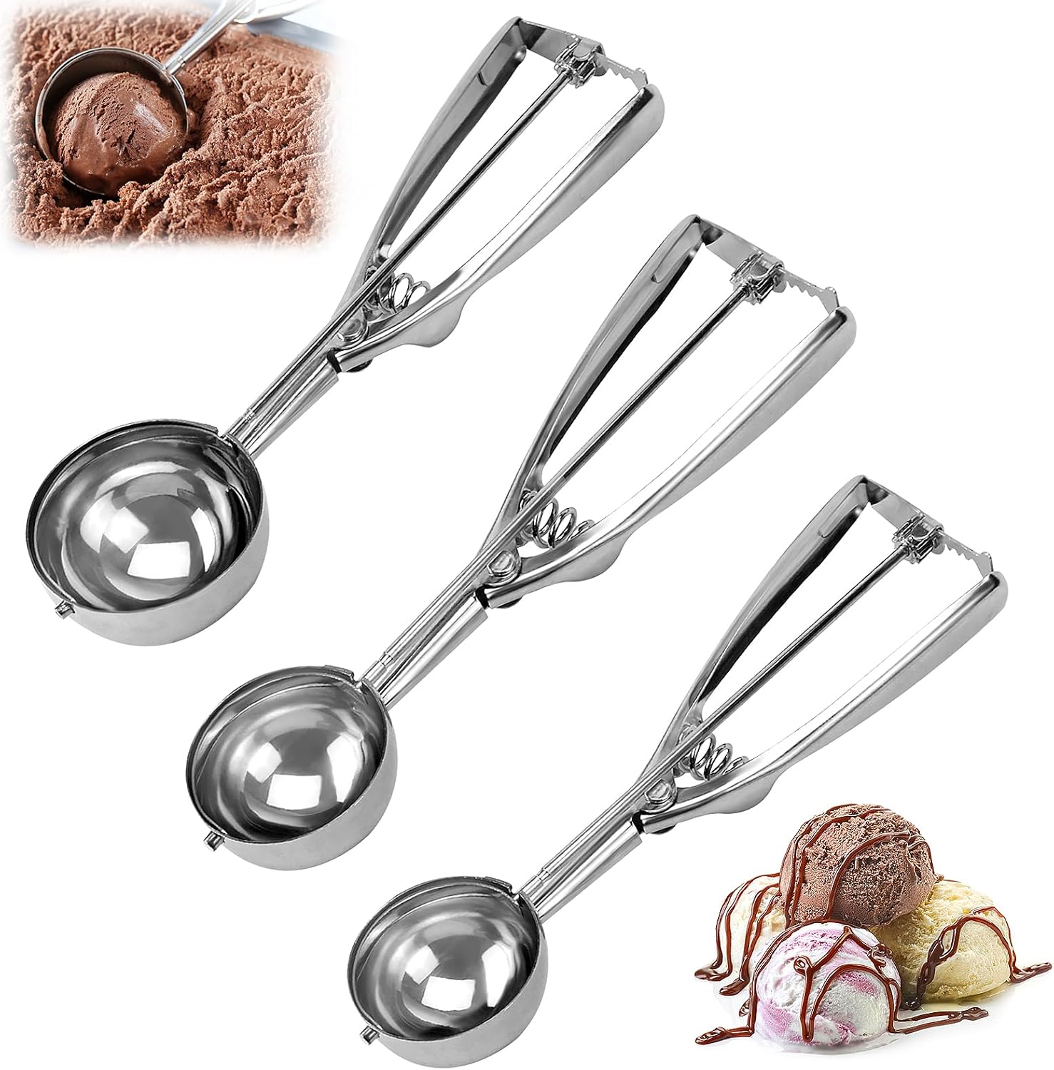 3 Stück Eisportionierer Edelstahl, Eislöffel Portionierer, 4/5/6 cm Durchmesser, Edelstahl Eislöffel Portionierer, Keksportionierer, für Eiscreme Plätzchen Kuchen Teig
