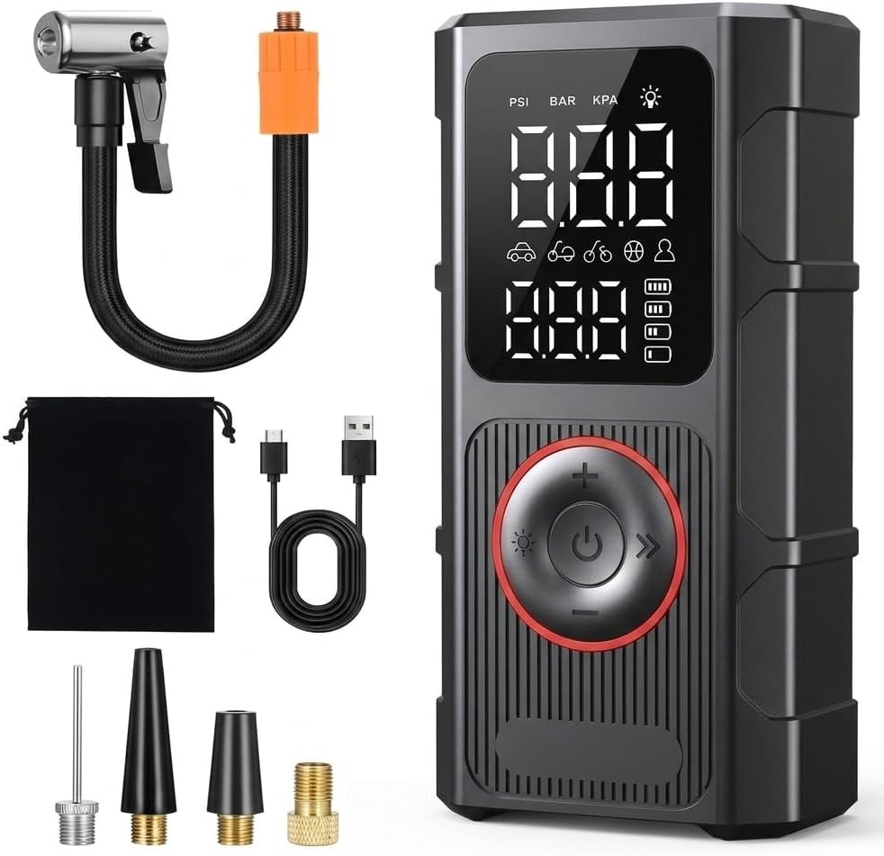 Elektrische Luftpumpe, 150PSI Mini Akku Luftpumpe, Mobiler Mehrzweckkompressor, Tragbare Akku Fahrradpumpe Wiederaufladbare Luftkompressor LCD Display, Für Fahrräder, Motorrad, Auto, Bälle